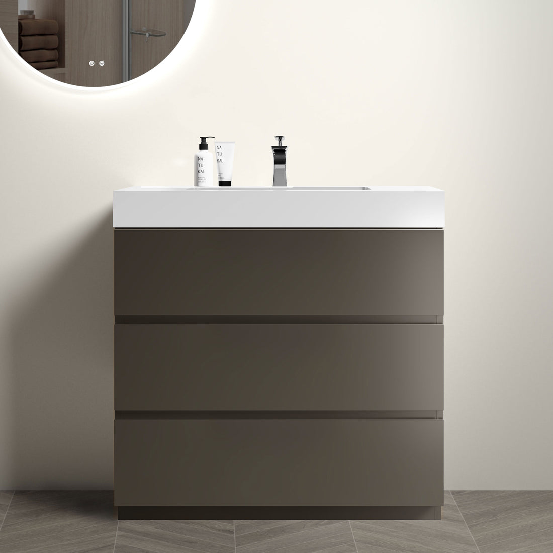 Alice 36" Gray Bathroom Vanity With Sink, Large Storage Freestanding Bathroom Vanity For Modern Bathroom, One Piece White Sink Basin Without Drain And Faucet, Pre Assembled Gray Melamine