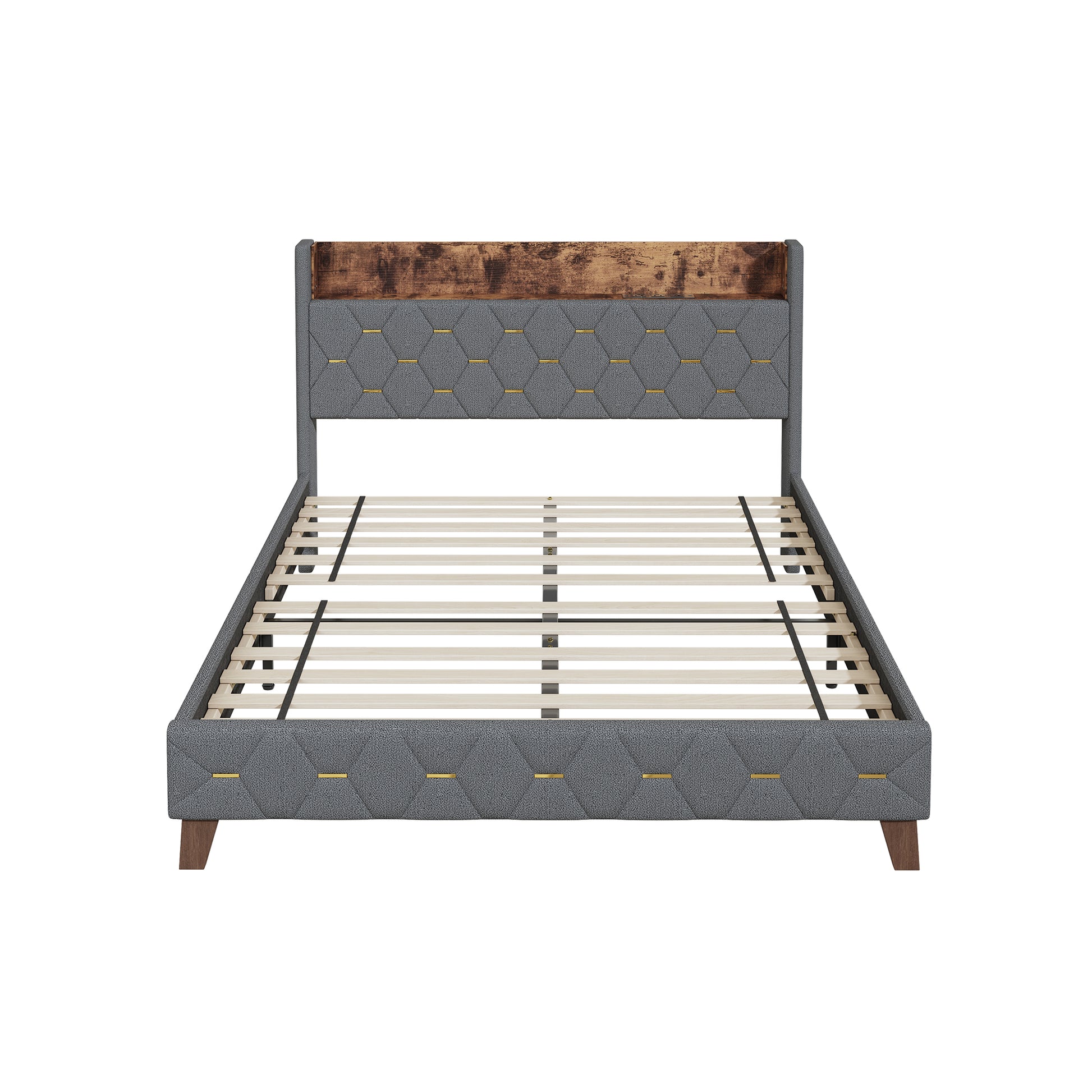 Gray Full Bed With Elegant Gold Metal Buttons, Built In Usb Ports, Phone Storage Pocket, And Spacious Headboard Shelving Sturdy Frame Supports Up To 300 Lbs,Mattress Not Included Box Spring Not Required Full Aqua Grey Abs