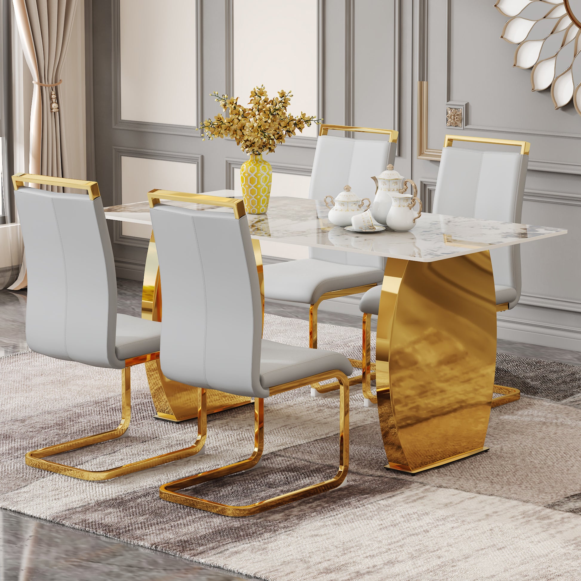 Table And Chair Set, Rock Plate Table Top, Gold Metal Table Legs, Stable And Beautiful, Suitable For Most Home Styles. Modern Simple Dining Table, Comfortable Seating. Grey Gold Seats 4 Sintered Stone