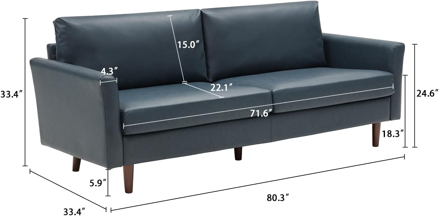 80'' Faux Leather Sofa, 3 Seater Leather Couch With Cozy Wide Seats And Padded Cushions, Mid Century Modern Loveseat Couches For Living Room, Easy Assembly, Blue Light Brown Wood Primary Living Space Heavy Duty Acacia 3 Seat Peacock Blue Faux Leather