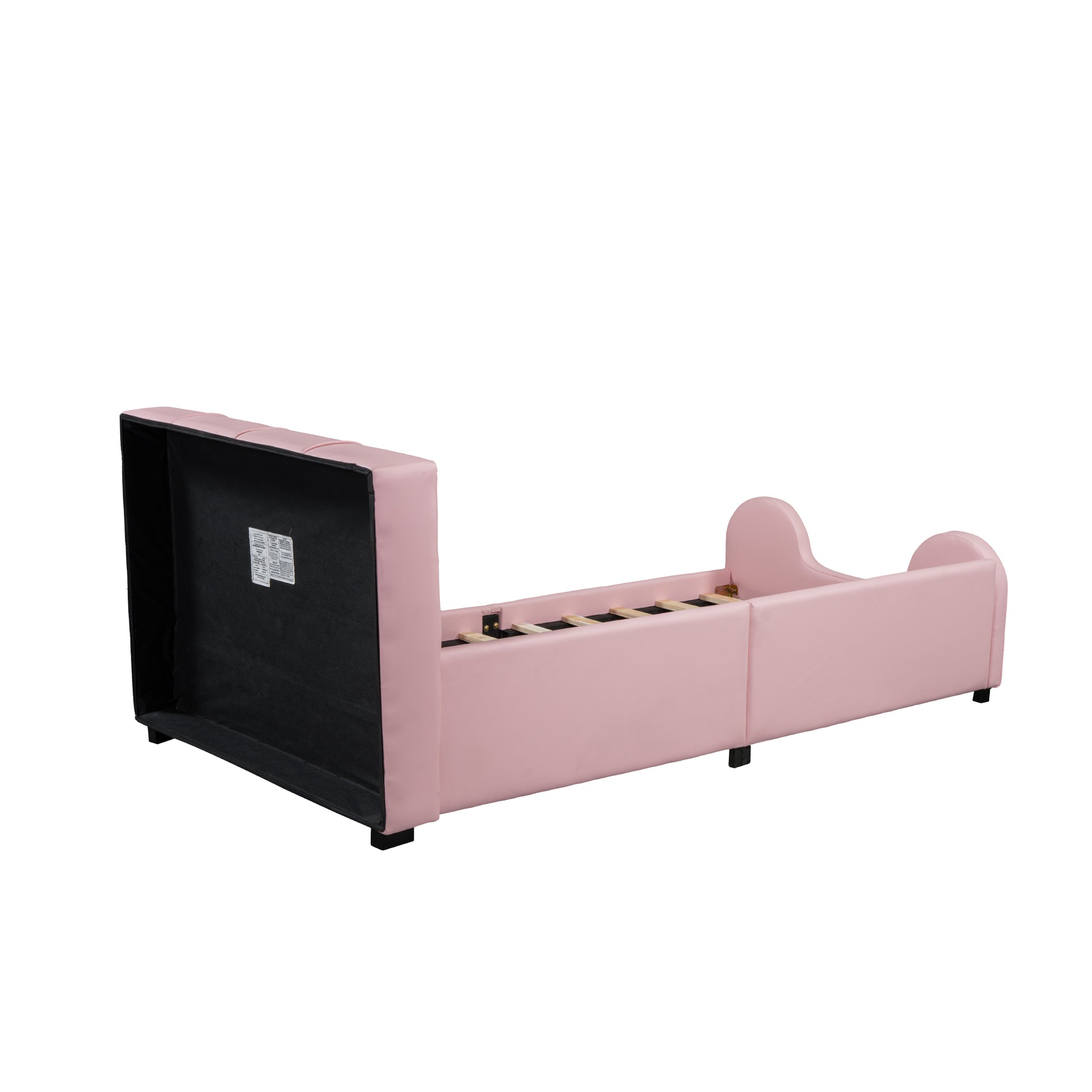 Twin Size Upholstered Platform Bed With Guardrail, Pink Box Spring Not Required Twin Pink Wood Faux Leather Upholstered