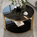 Modern Black Mirror Coffee Table, Asymmetrical Metal, Circular Metal Drum Base, Gold Finish & Lower Shelf Black Tempered Glass