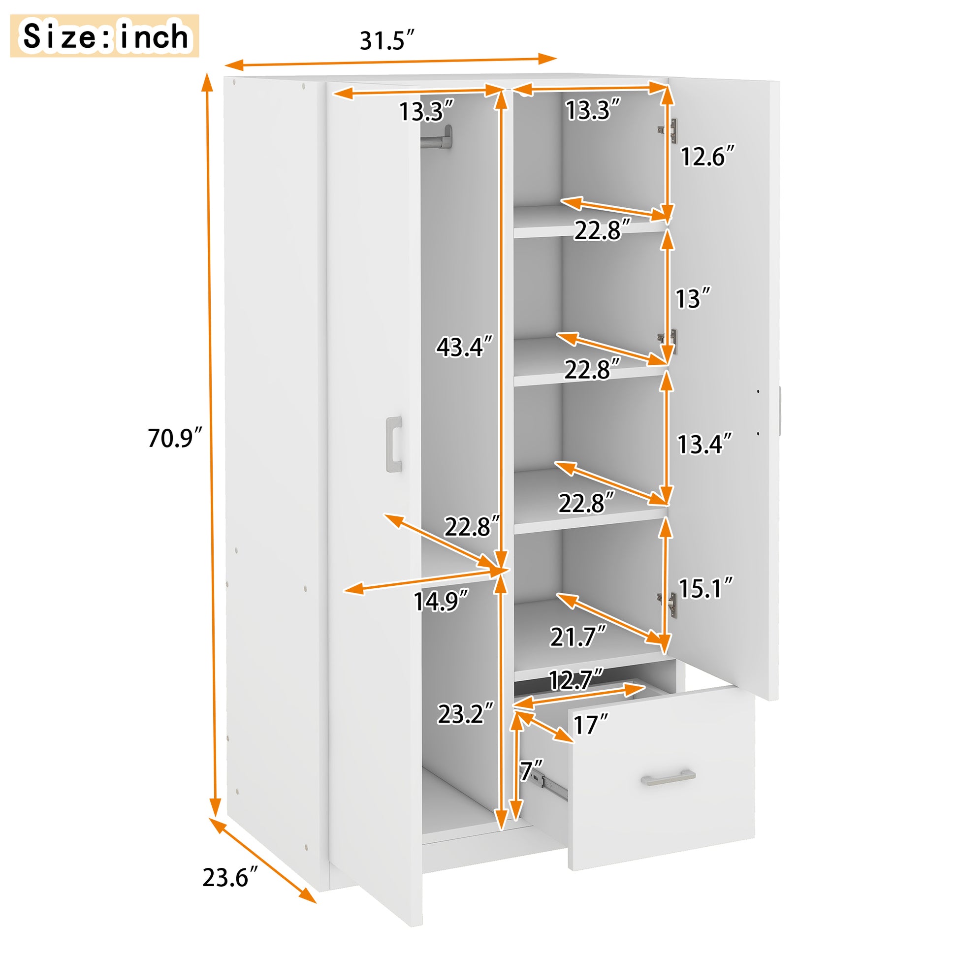 Wooden Wardrobe With Double Doors, Armoire With Hanging Rod, 5 Fixed Shelves, One Storage Drawer,White White Particle Board