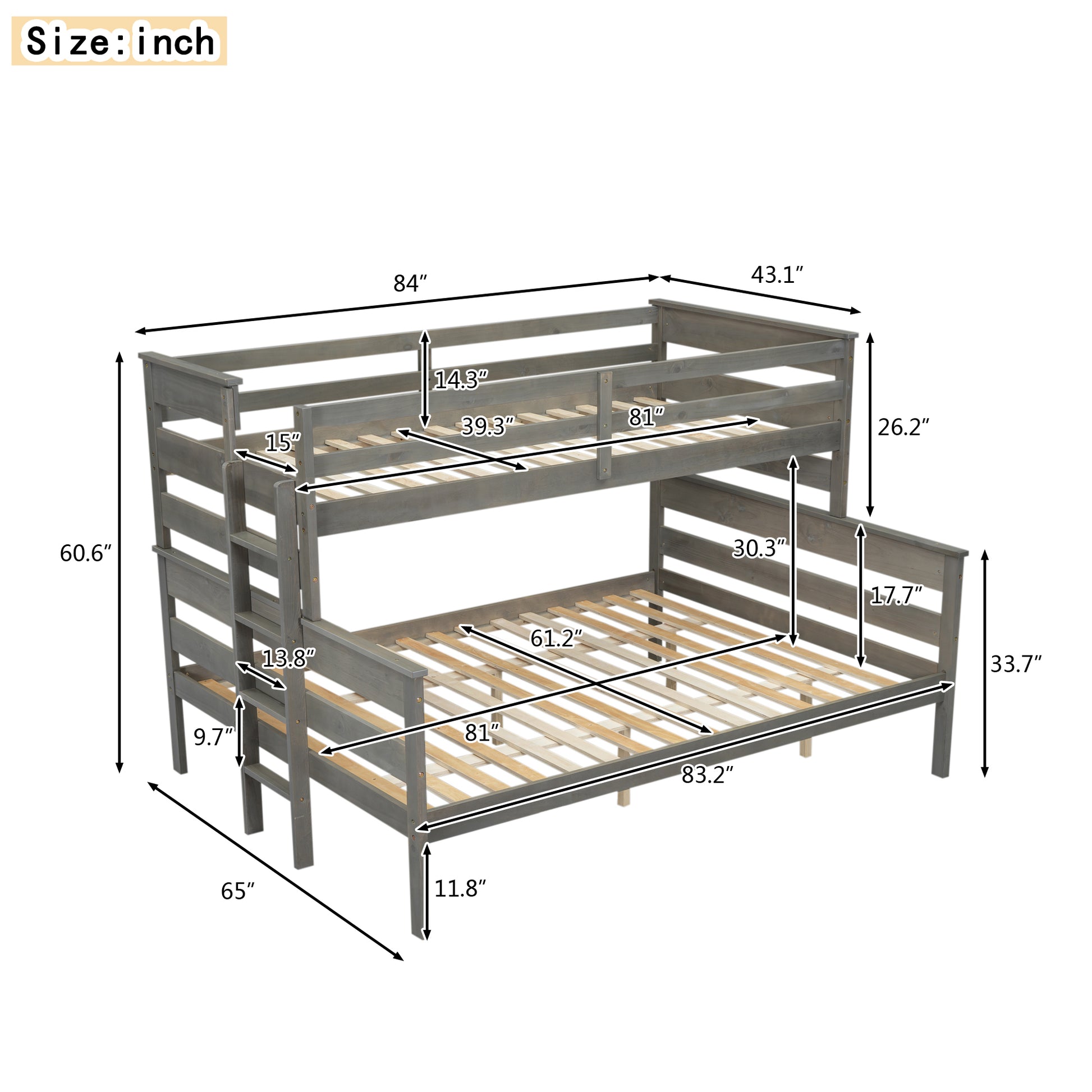 Wood Twin Xl Over Queen Bunk Bed With Ladder, Gray Twin Xl Box Spring Not Required Gray Wood Bedroom Bunk Solid Wood Mdf