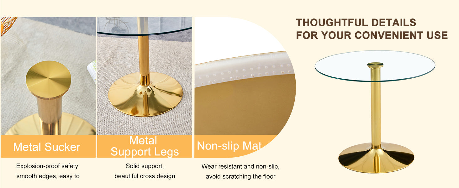 A 35 Inch Diameter Glass Top And A Modern, Minimalist Round Dining Table With Gold Metal Legs. Ideal For Dining Rooms, Living Rooms And Meeting Rooms. Model: Dt 1166 Gold Glass Metal