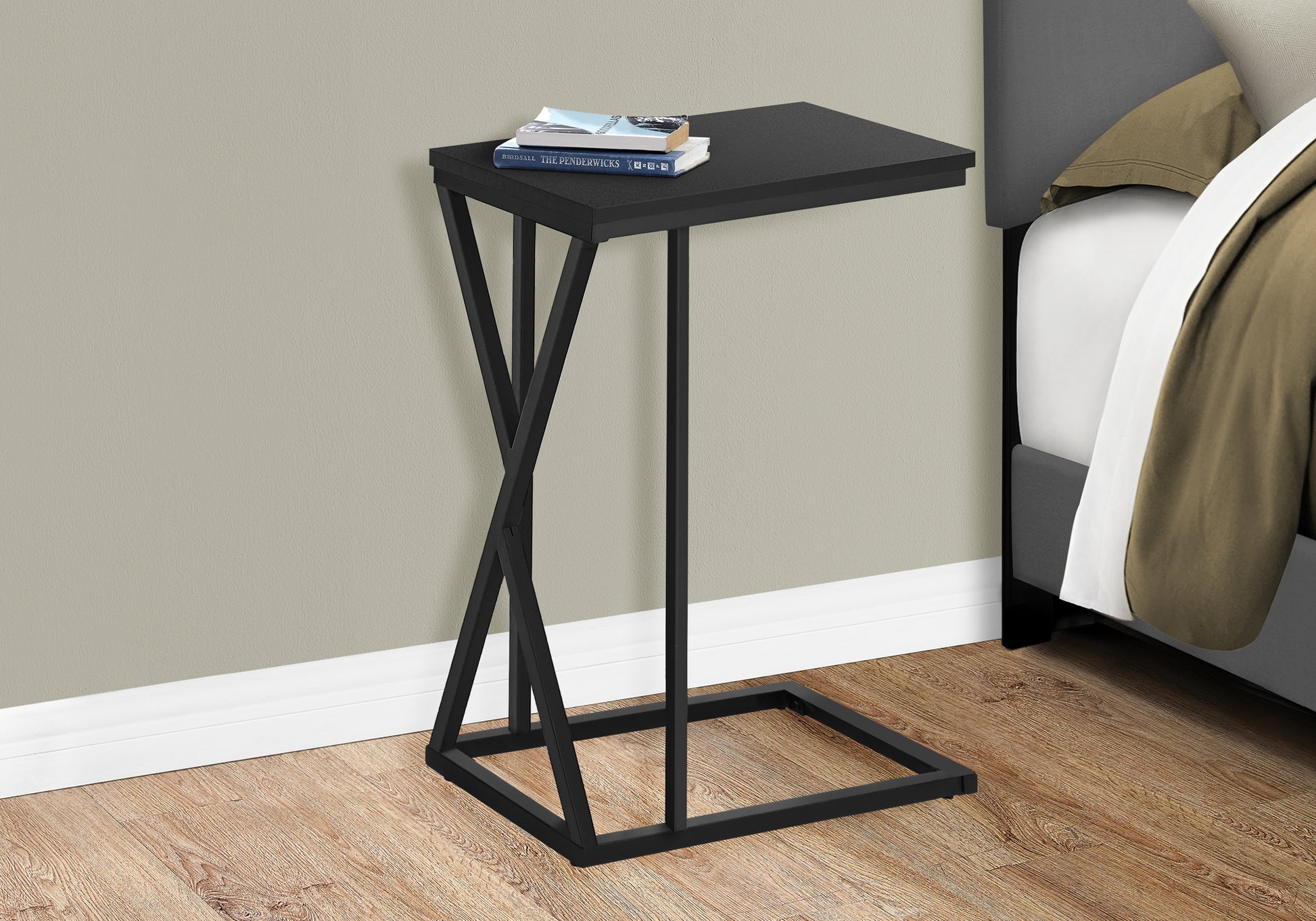 Accent Table, C Shaped, End, Side, Snack, Living Room, Bedroom, Black Laminate, Black Metal, Contemporary, Modern Black Mdf