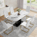 Table And Chair Set, Modern And Minimalist Dining Table, Imitation Marble Patterned Tabletop, Mdf Legs With U Shaped Brackets. Paired With Comfortable Chairs, Suitable For Dining And Living Rooms. Black Gold Mdf Glass