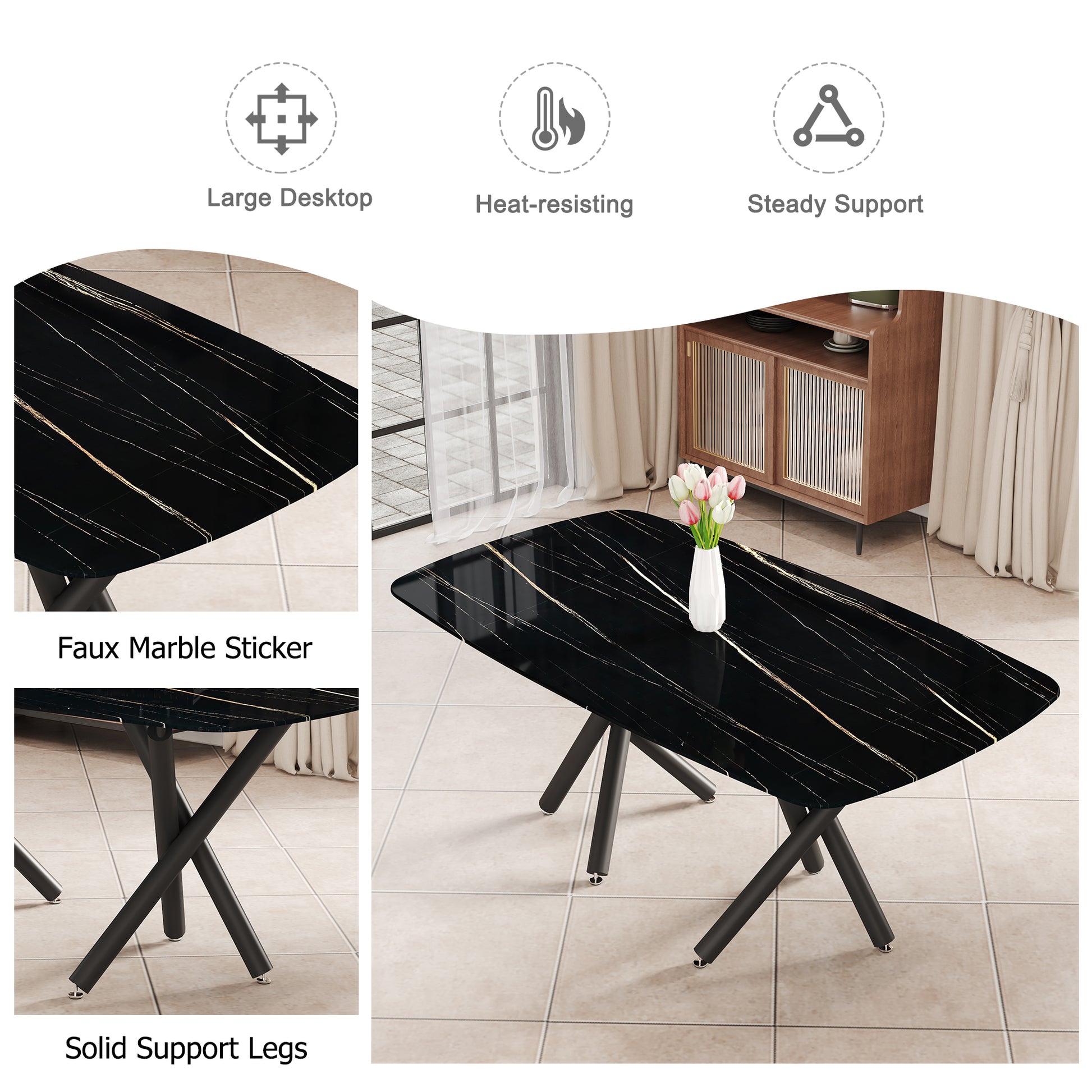 Large Modern Minimalist Rectangular Dining Table With 0.39 "Imitation Marble Black Tabletop And Black Metal Legs, Suitable For Kitchen, Dining Room, Living Room, Conference Room, And Banquet Hall