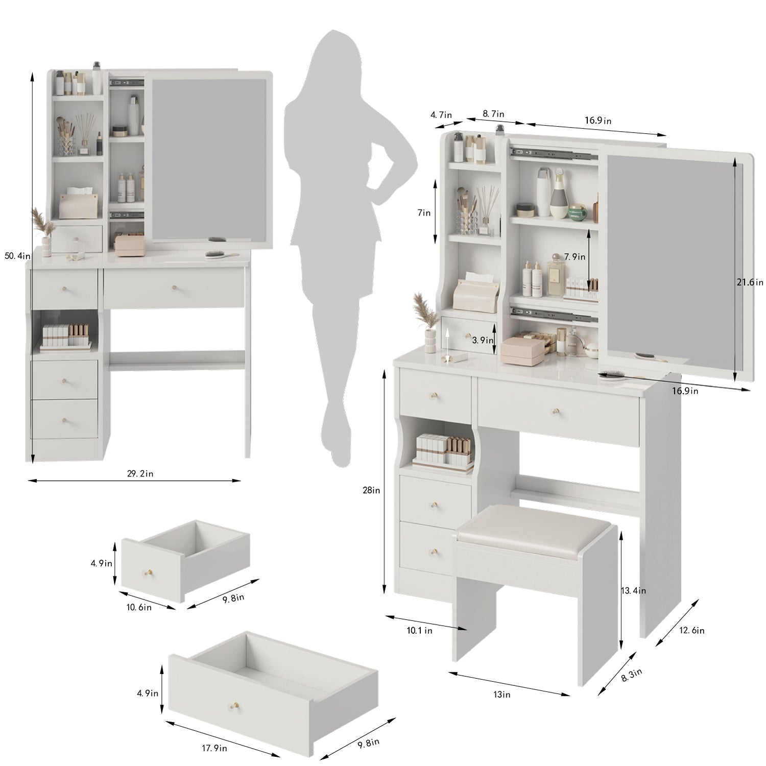 Small Space Left Drawer Desktop Vanity Table Cushioned Stool, Extra Large Right Sliding Mirror, Multi Layer High Capacity Storage, Practical Fashionable Dresser, Suitable For Girls Up To 5.6Ft Tall White Mdf