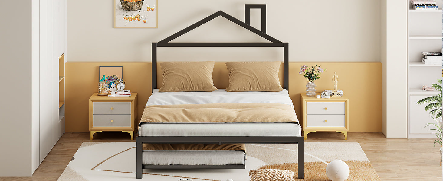 Full Size Metal Platform Bed With Twin Size Trundle,House Shaped Headboard Design, Black Full Black Metal