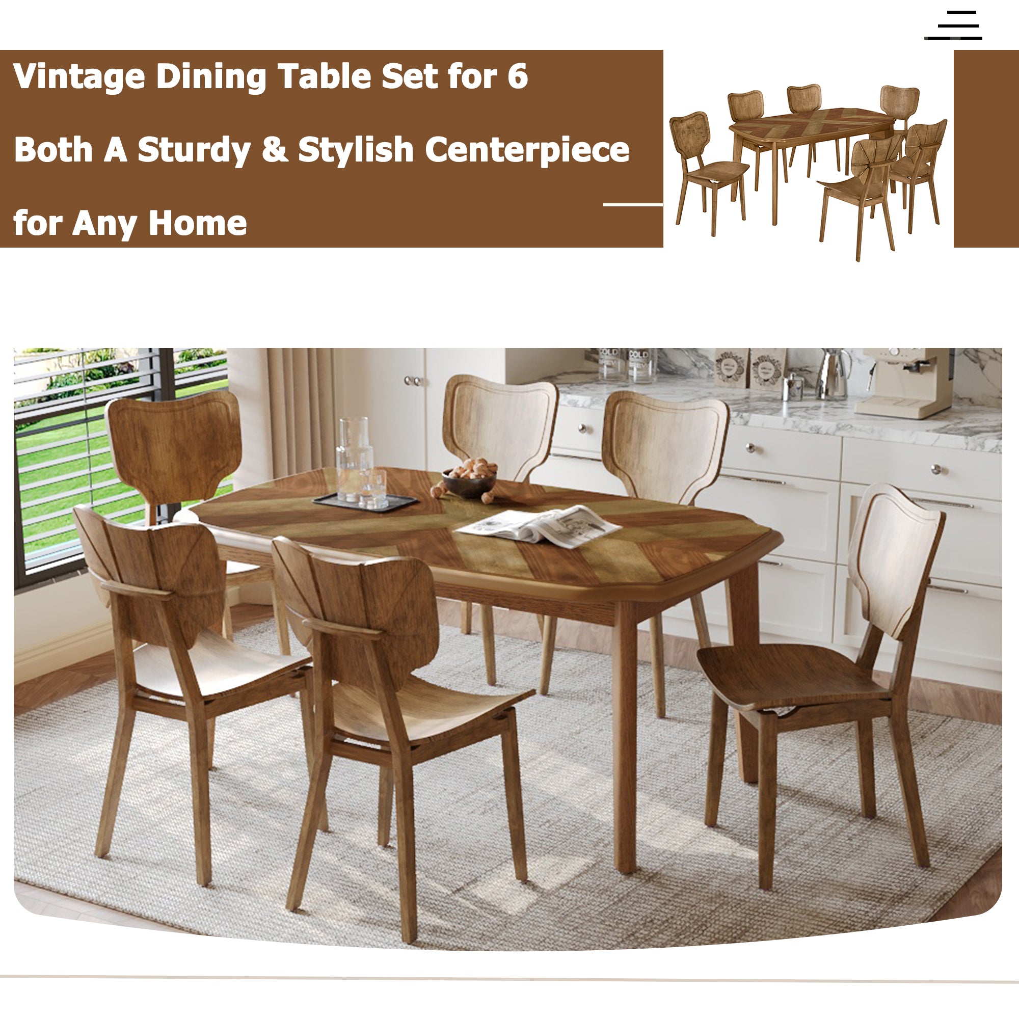 Vintage 7 Piece Dining Table Set With 6 Dining Chairs,Kitchen Table Se