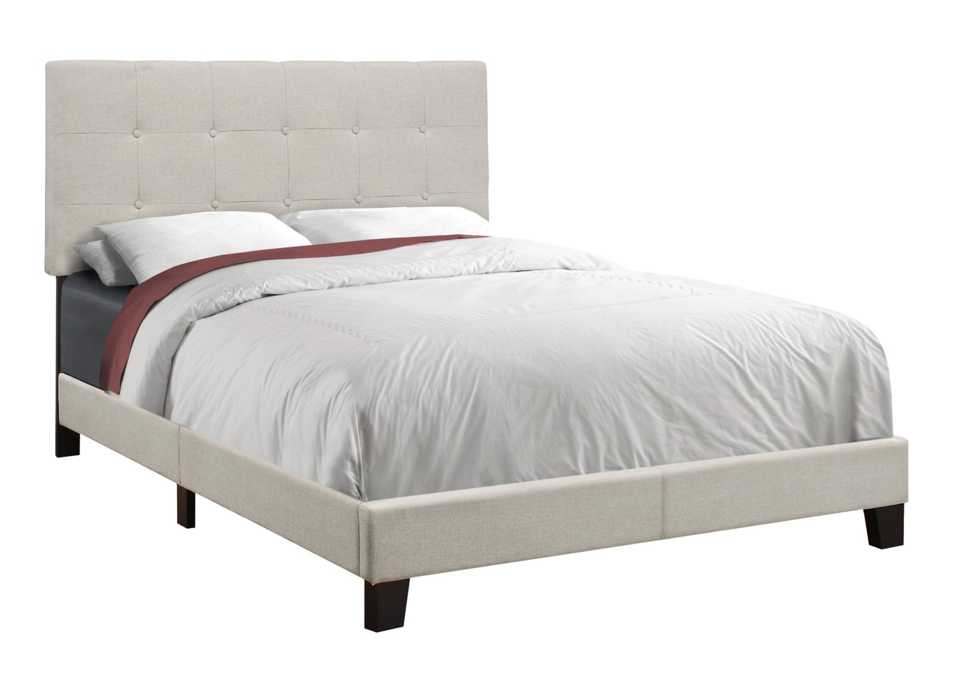 Bed, Full Size, Bedroom, Upholstered, Beige Linen Look, Black Wood Legs, Transitional Beige Foam Solid Wood Mdf