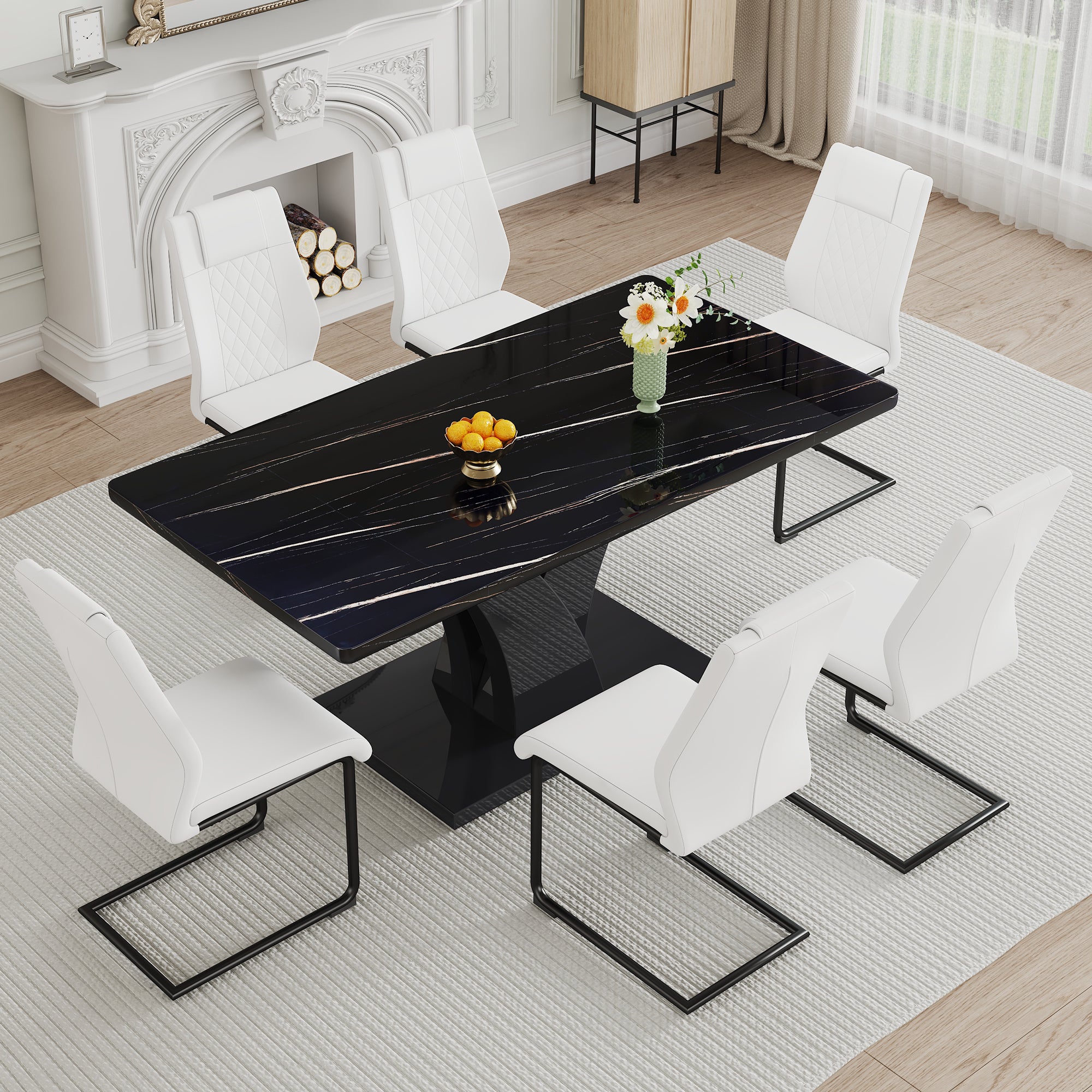 Table And Chair Set, Modern Dining Table, Black Tabletop And Black Mdf Leg Table, Soft And Comfortable Dining Chair, Perfect For Dinner, Meetings, Home And Office Decor White Black Mdf