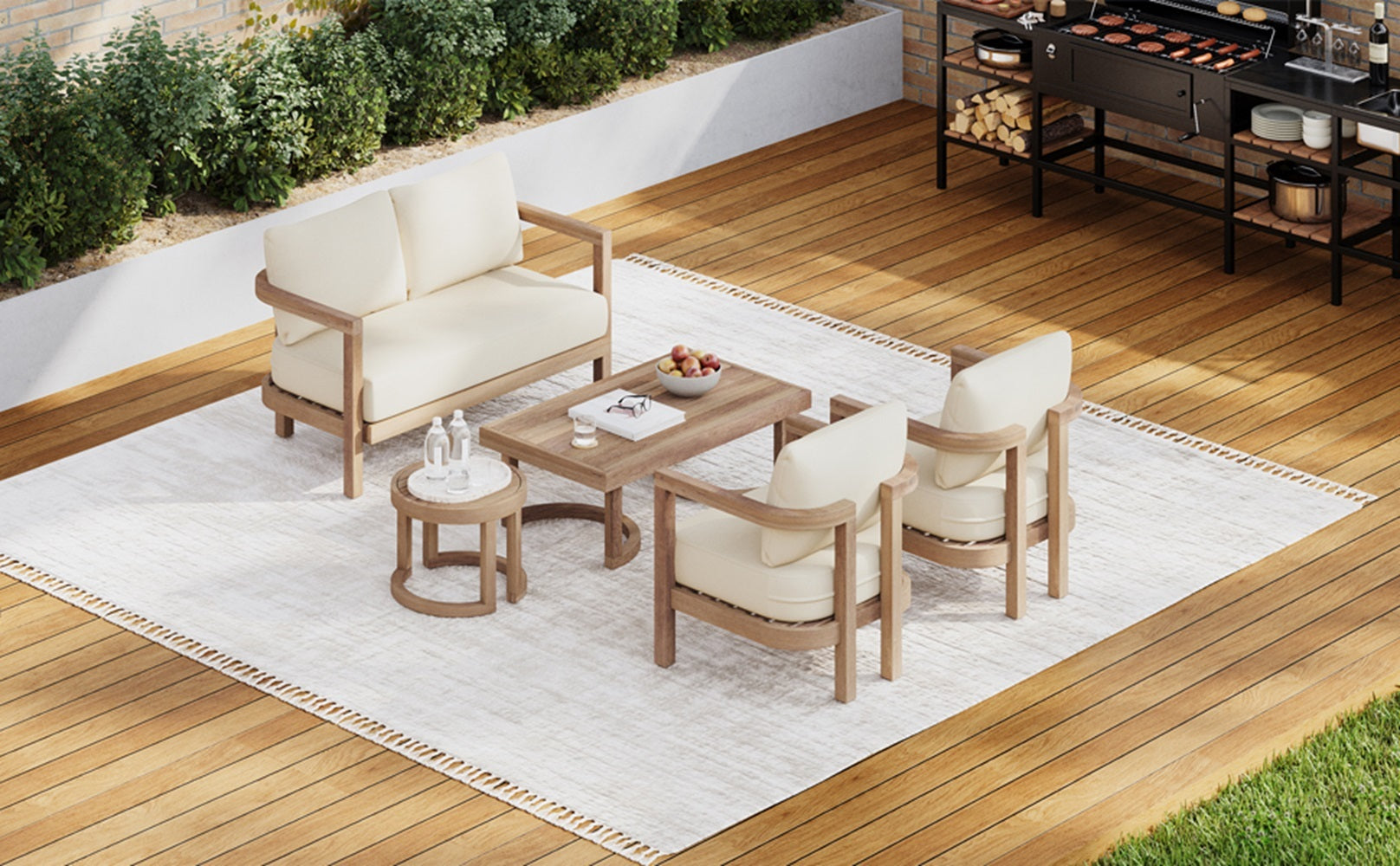 5 Pieces Acacia Wood Patio Furniture Set, Outdoor Furniture With Coffee Table, Patio Conversation Set Deep Seating With Soft Cushion, Porch Chairs For Garden, Backyard Porch Balcony, Brown Wash, Beige Yes Brown Beige Seats 4 Garden & Outdoor Sectional