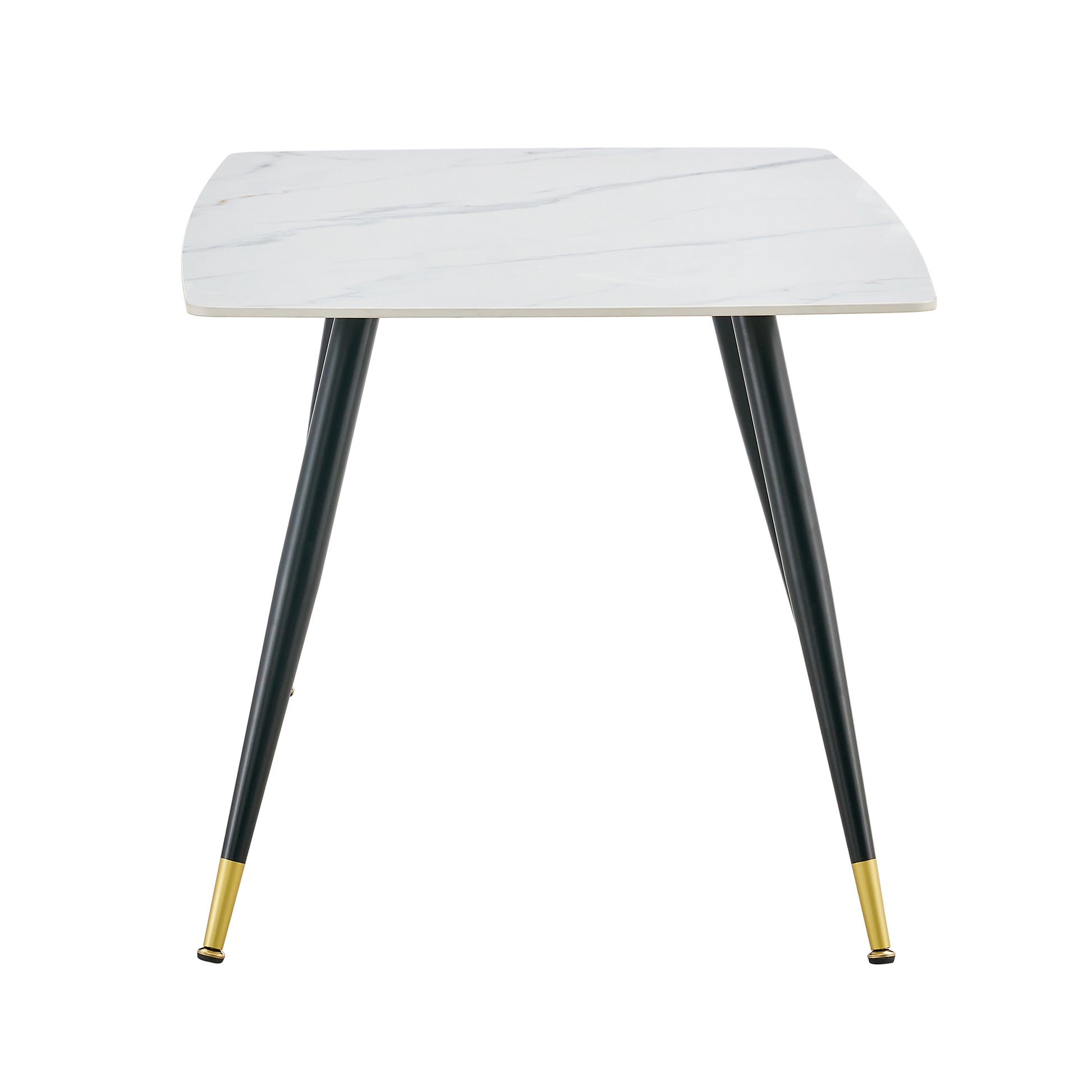 Modern Minimalist Dining Table. White Imitation Marble Pattern Sintered Stone Desktop With Black Metal Legs.Modern Dining Chair With Pu Artificial Leather Backrest Cushion And Black Metal Legs.F 001 Black Gold Sintered Stone