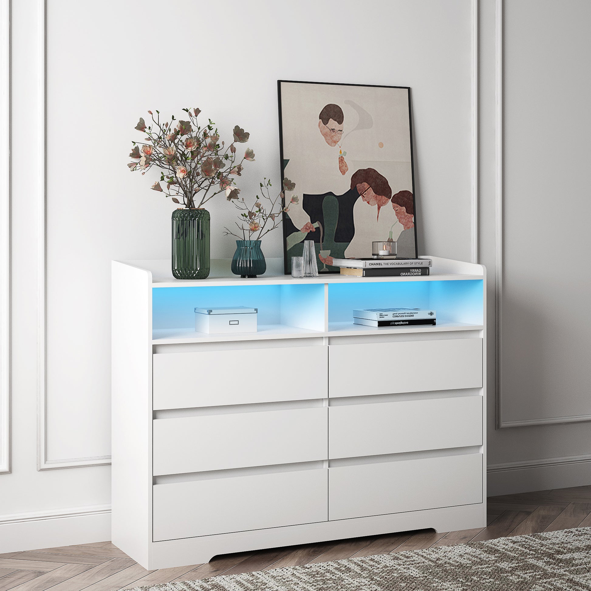 6 Drawer Dresser, White Dresser For Bedroom With Led Lights, Modern Dressers & Chests Of Drawers With Sturdy Frame For Living Room, Entryway, Hallway White Mdf