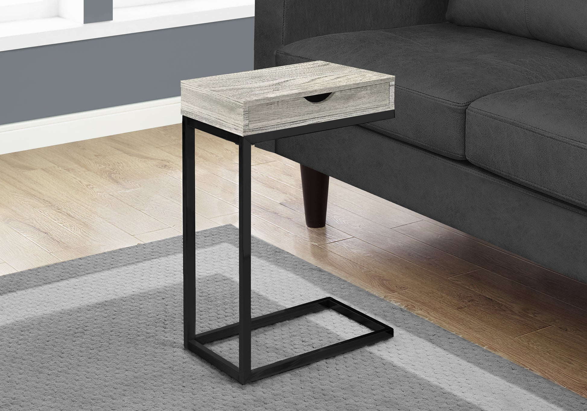 Accent Table, C Shaped, End, Side, Snack, Storage Drawer, Living Room, Bedroom, Grey Laminate, Black Metal, Contemporary, Modern Grey Particle Board