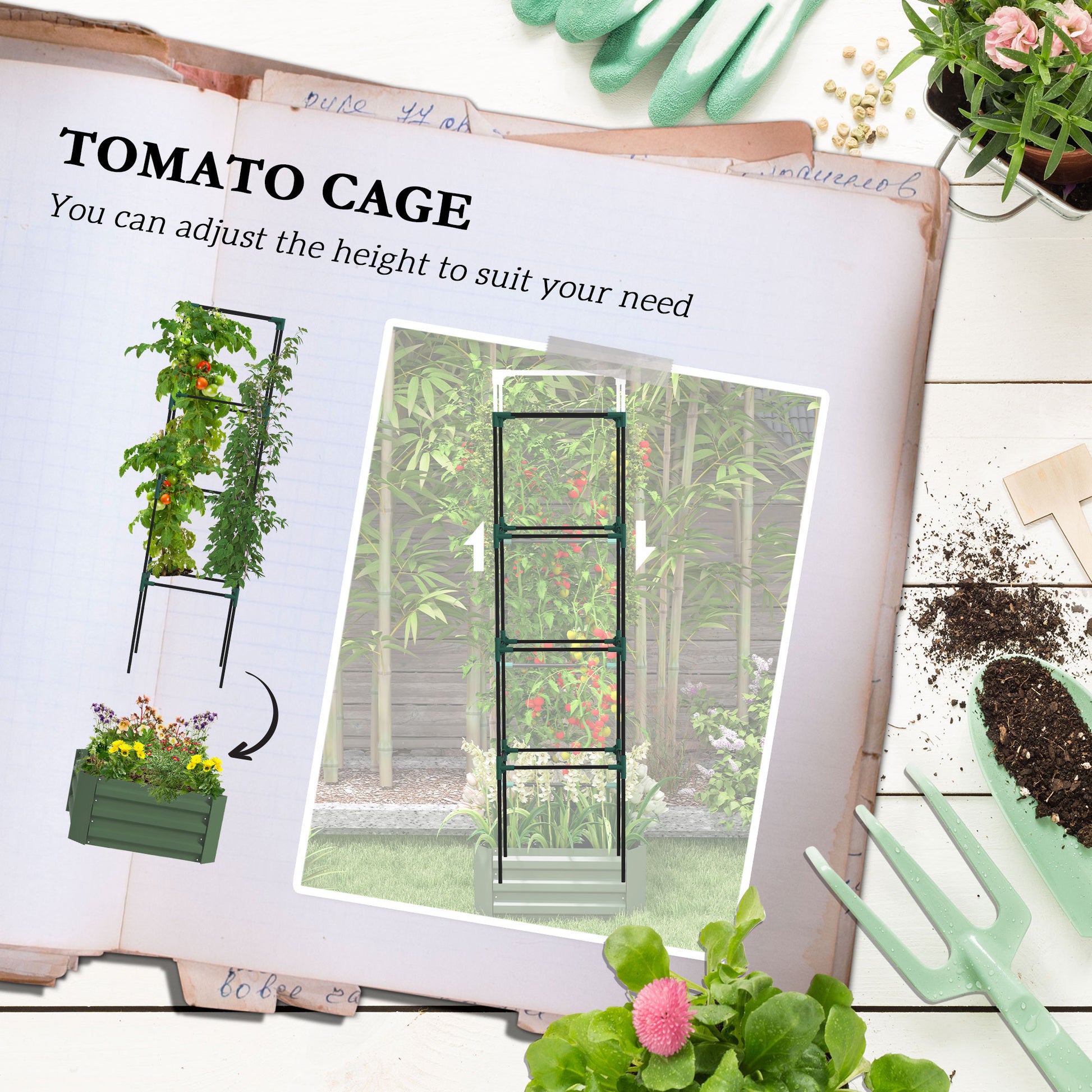 Outsunny Galvanized Raised Garden Bed, 24" X 24" X 11.75" Outdoor Planter Box With Trellis Tomato Cage And Open Bottom For Climbing Vines, Vegetables, Flowers In Backyard, Garden, Patio, Green Green Steel