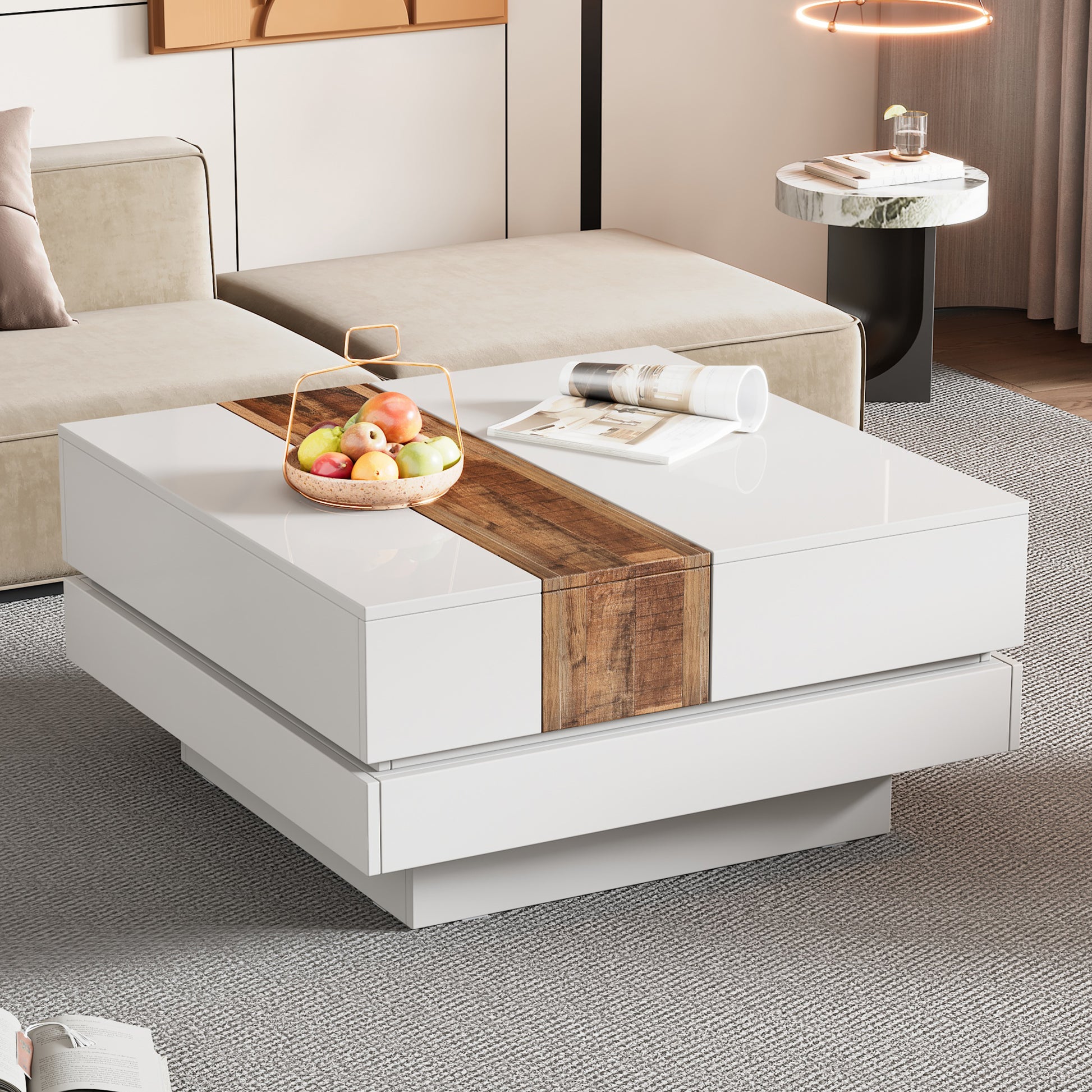 31.4'' X 31.4'' Square Coffee Table With Sliding Tabletop, High Gloss Center Table With Hidden Storage Compartment, Extendable Cocktail Table With Walnut Grain Finish For Living Room, White White Square Mdf