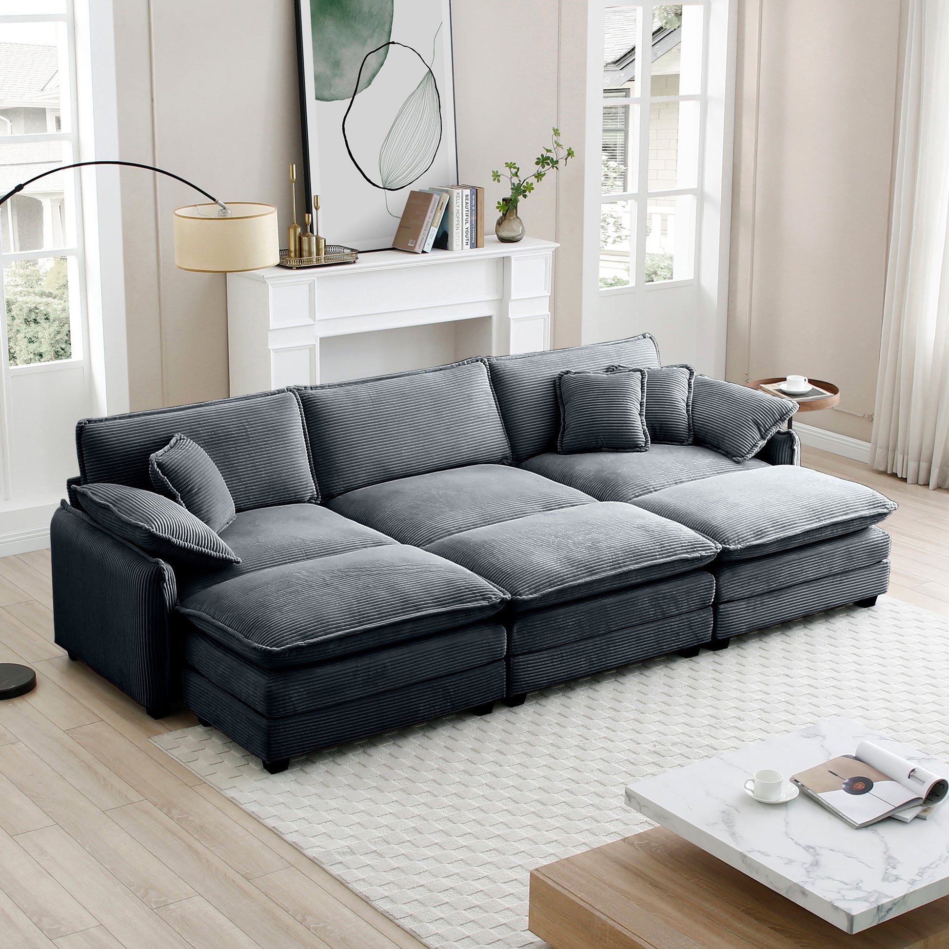 Oversized Modular Cushioned Sofa,With 3 Ottomans To Work As Sleeper Sofa Beds, 3 Seater Sofa With 3 Footstools,Grey Corduroy Fabric Grey Corduroy 3 Seat