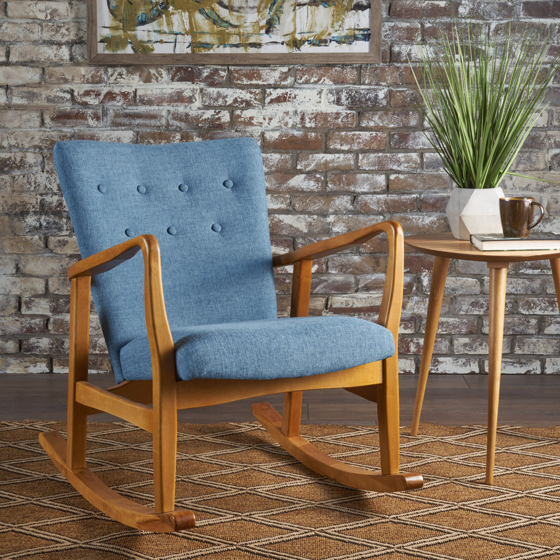 Solid Wood Rocking Chair Blue Fabric