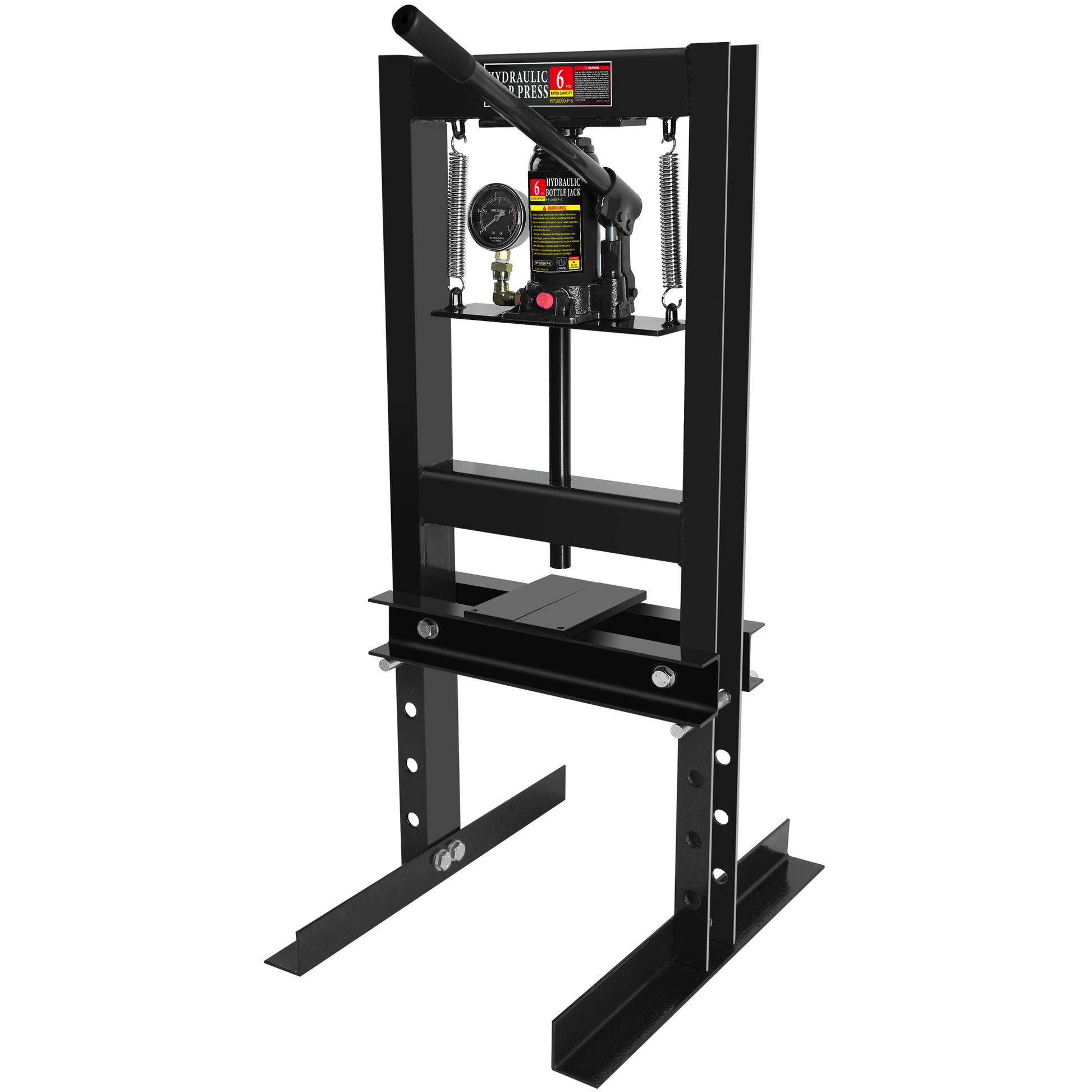 6 Ton Hydraulic Shop Floor Press, With Pressure Gauge Steel H Frame Shop Press With Steel Plates Adjustable Working Table, Black Black Steel