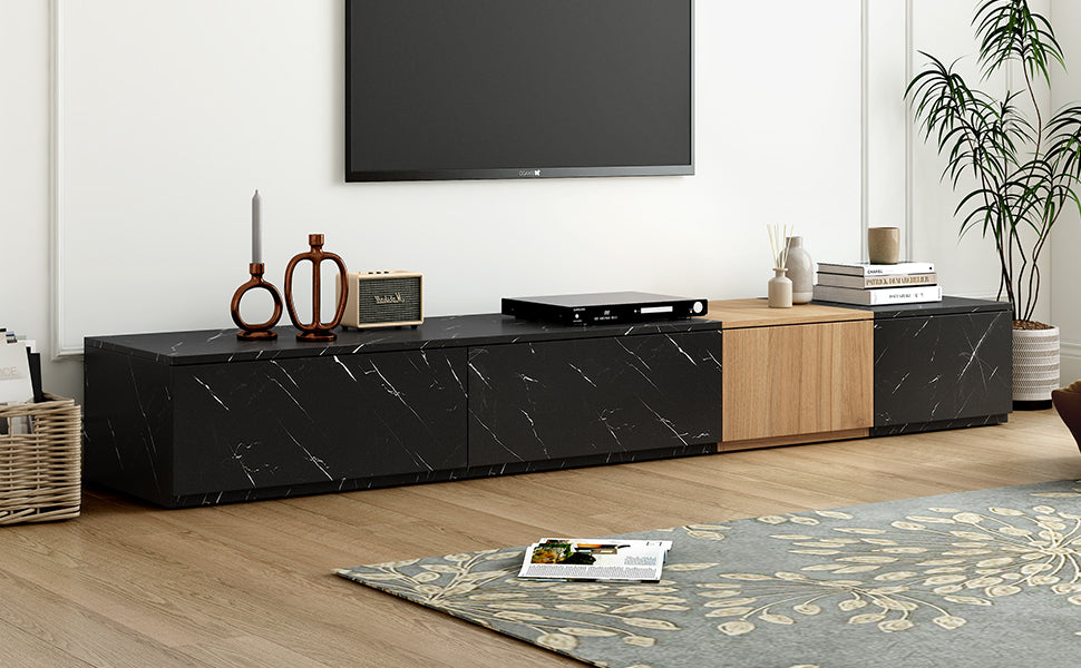 Tv Stand With Faux Marble And Walnut Wood Grain Finish For Tvs Up To 88'', Modern Free Combination Entertainment Center With 4 Storage Drawers For Living Room, Black Black 80 89 Inches Particle Board