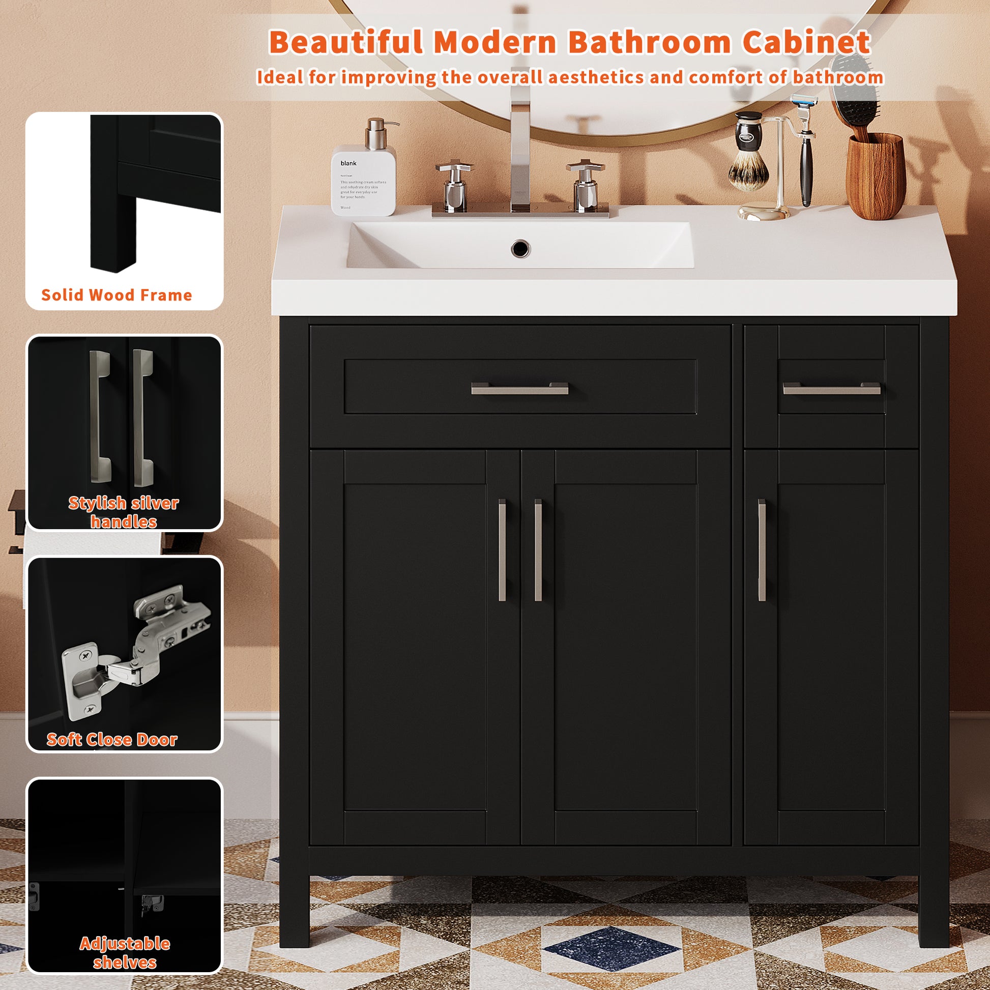 36" Black Bathroom Vanity Cabinet With Resin Integrated Sink 2 Drawers, 3 Doors Black Bathroom Solid Wood Mdf Resin