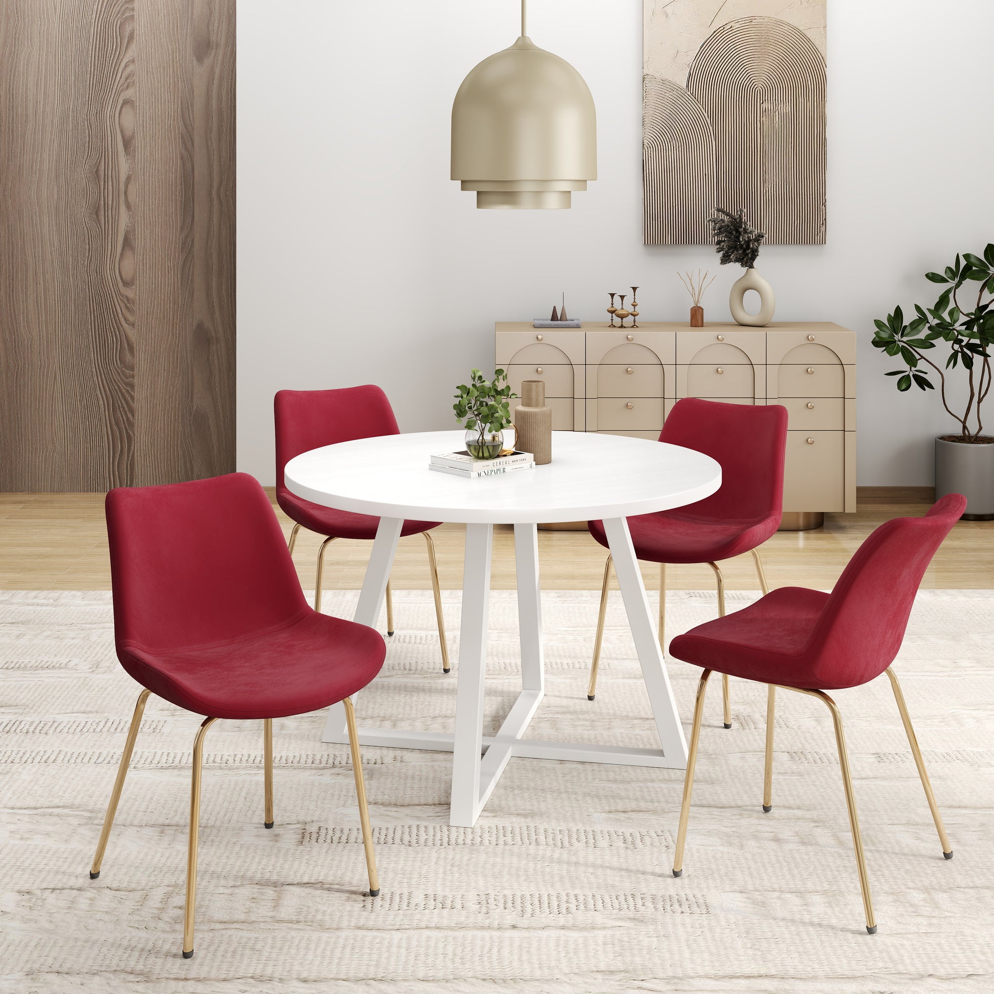 Avant 5 Piece Round Dining Set, Trestle Dining Table With 4 Side Chairs White Wood Dining Room Solid Wood Rubberwood Round Dining Table With Chair Wood Wood White Red Slat Back Seats 4 Contemporary,Modern Round Trestle Solid Wood Mdf Wood Metal