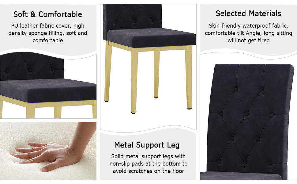 Table And Chair Set.Morden Luxurious Black Rectangular Patterned Dining Table With Glass Tabletop.Paried With 8 Dining Chairs, Modern Kitchen Upholstered High Backrest, Metal Leg. Black Gold Seats 8 Mdf Glass