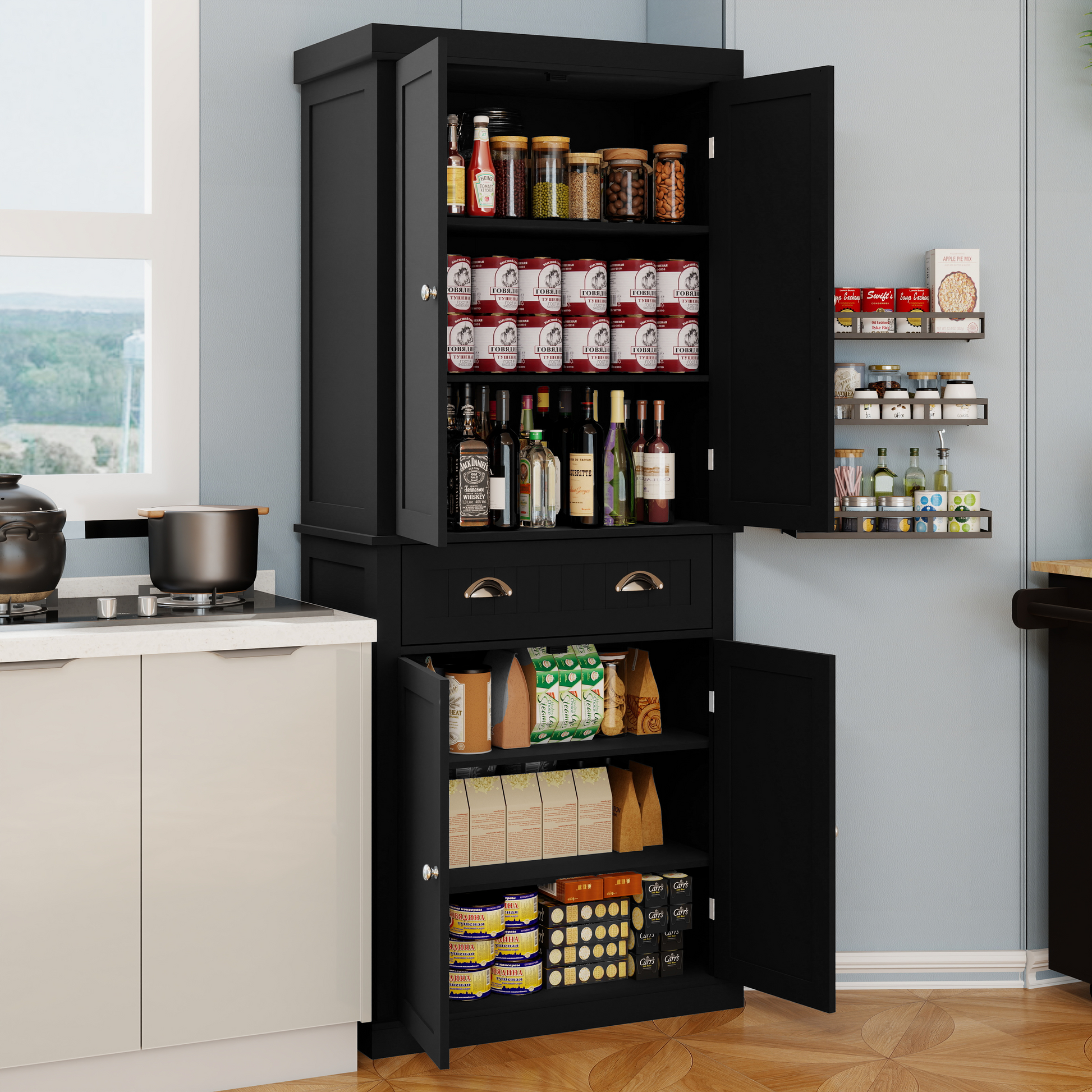 71" Kitchen Pantry Storage Cabinetwith 4 Doors, Drawer, 2 Adjustable Shelves, Freestanding Cupboard For Dining Room Living Room, Laundry Black Black Mdf