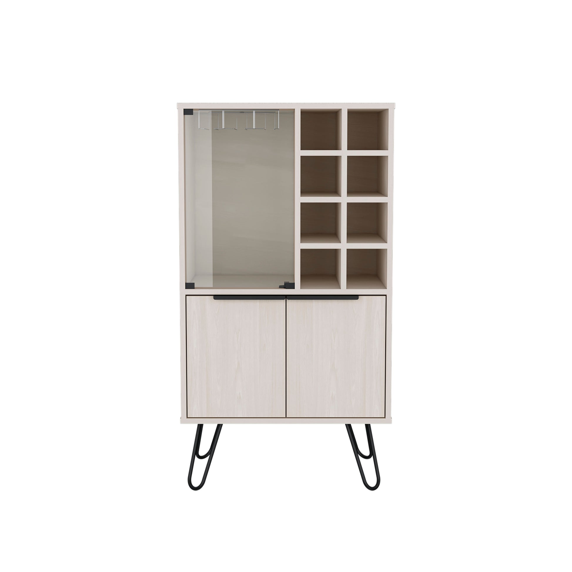 Aster 23" Wide Double Door Bar Cabinet And Glass Door Comparment, Eight Bottle Cubbies And Stemware White Washed Dining Room Modern Shelves Included Particle Board