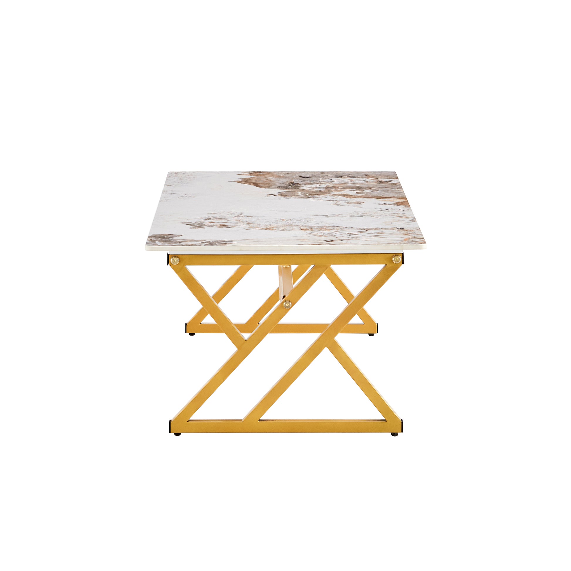 A Coffee Table Is Made Of Rock Slab Material, With A Natural And Smooth Marble Pattern On The Surface, Which Complements The Modern Design Of The Golden Metal Legs And Adds A Touch Of Fashion.47*23.6 Gold Sintered Stone