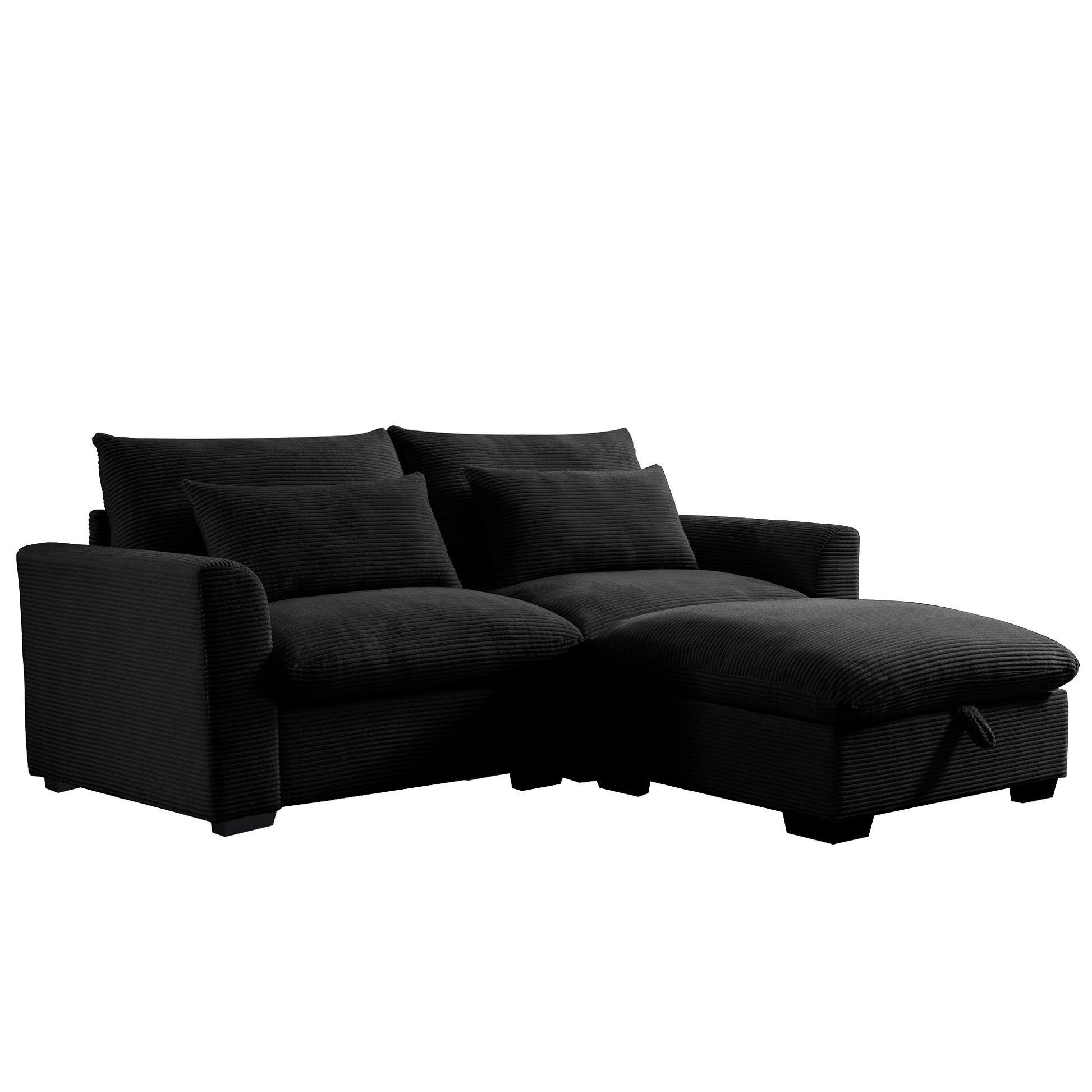 Sectional Sofa Comfy Corduroy Couch For Living Room With Pillows And Round Armrests, Modern Corduroy Sofa Sleeper Deep Couches With Storage Ottoman Black, 2 Seat Black Corduroy 2 Seat