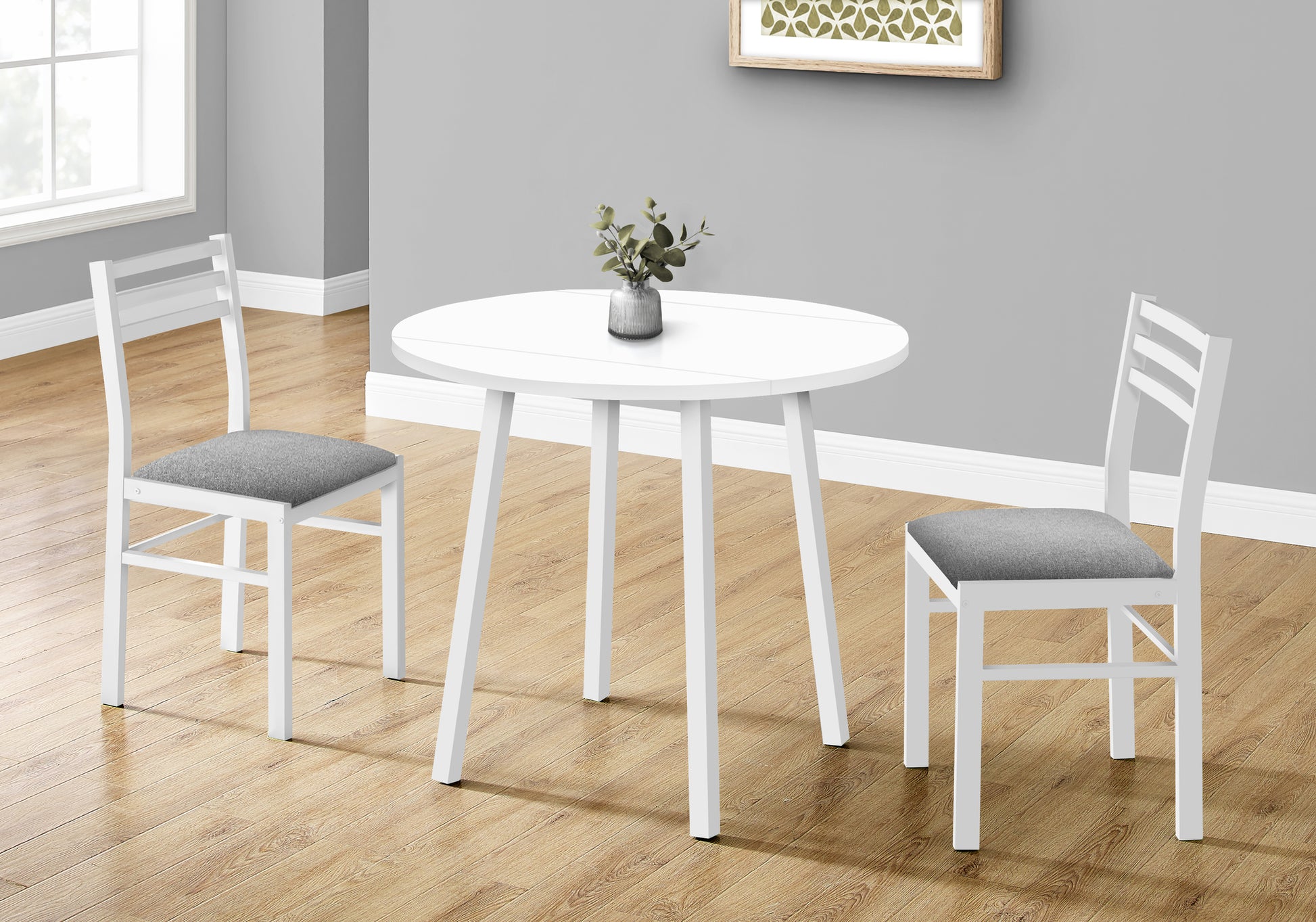 Dining Table Set, 3Pcs Set, Small, 35" Drop Leaf, Kitchen, White Metal And Laminate, Grey Fabric, Contemporary, Modern White Foam Mdf