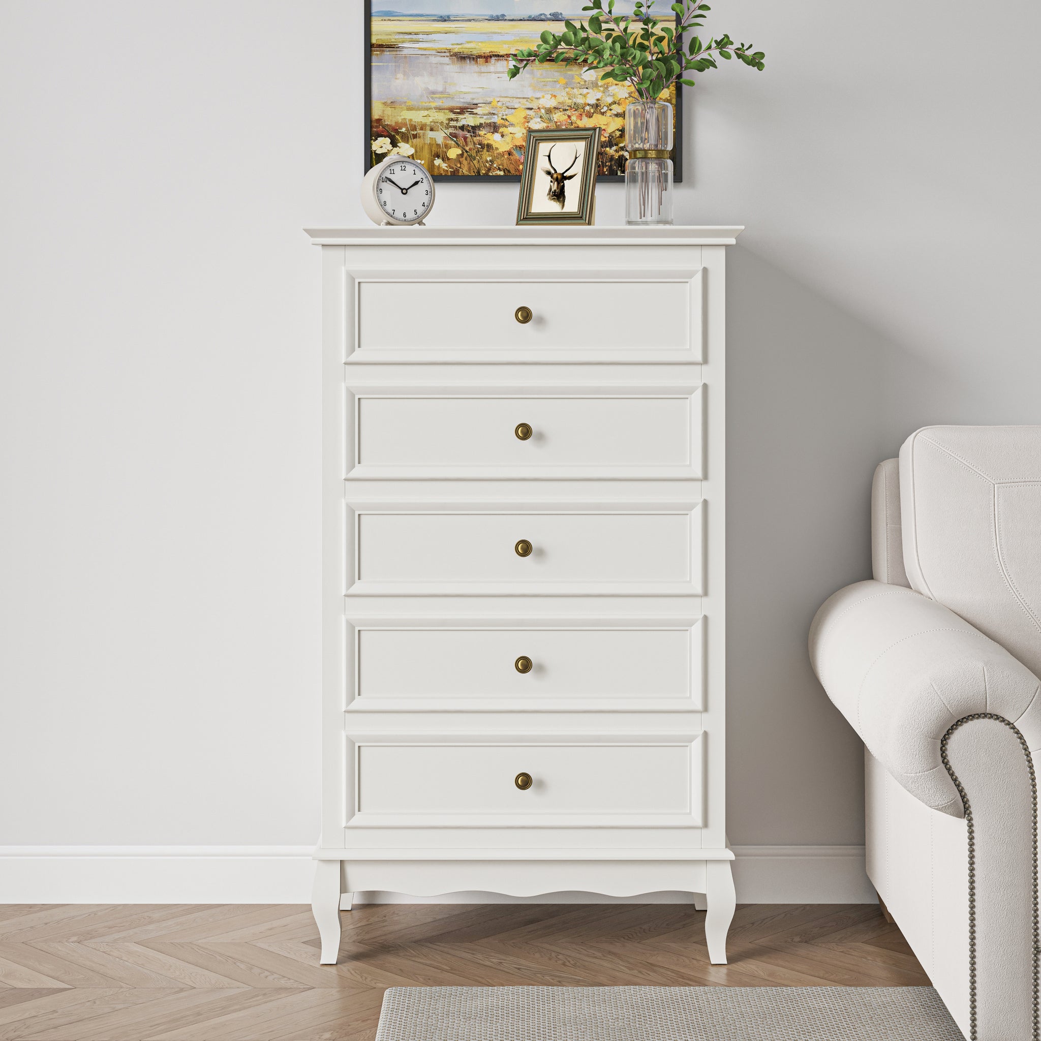 5 Drawer Dresser For Bedroom, Modern Storage Closet Cabinet Organizerwith Solid Wood Legs And Painted Finish White White Wood