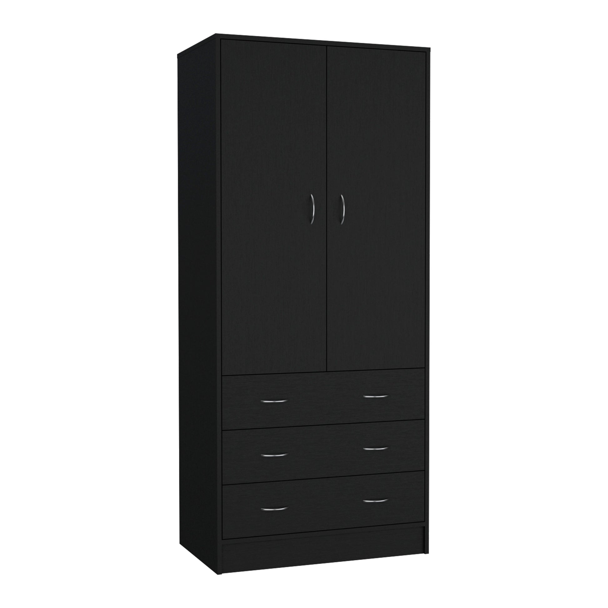 Armoire 71" H, With 2 Doors, 3 Drawers And 1 Hanging Rod, Black Black Solid Wood Mdf Engineered Wood