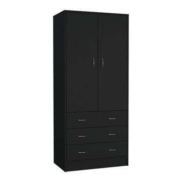 Armoire 71" H, With 2 Doors, 3 Drawers And 1 Hanging Rod, Black Black Solid Wood Mdf Engineered Wood