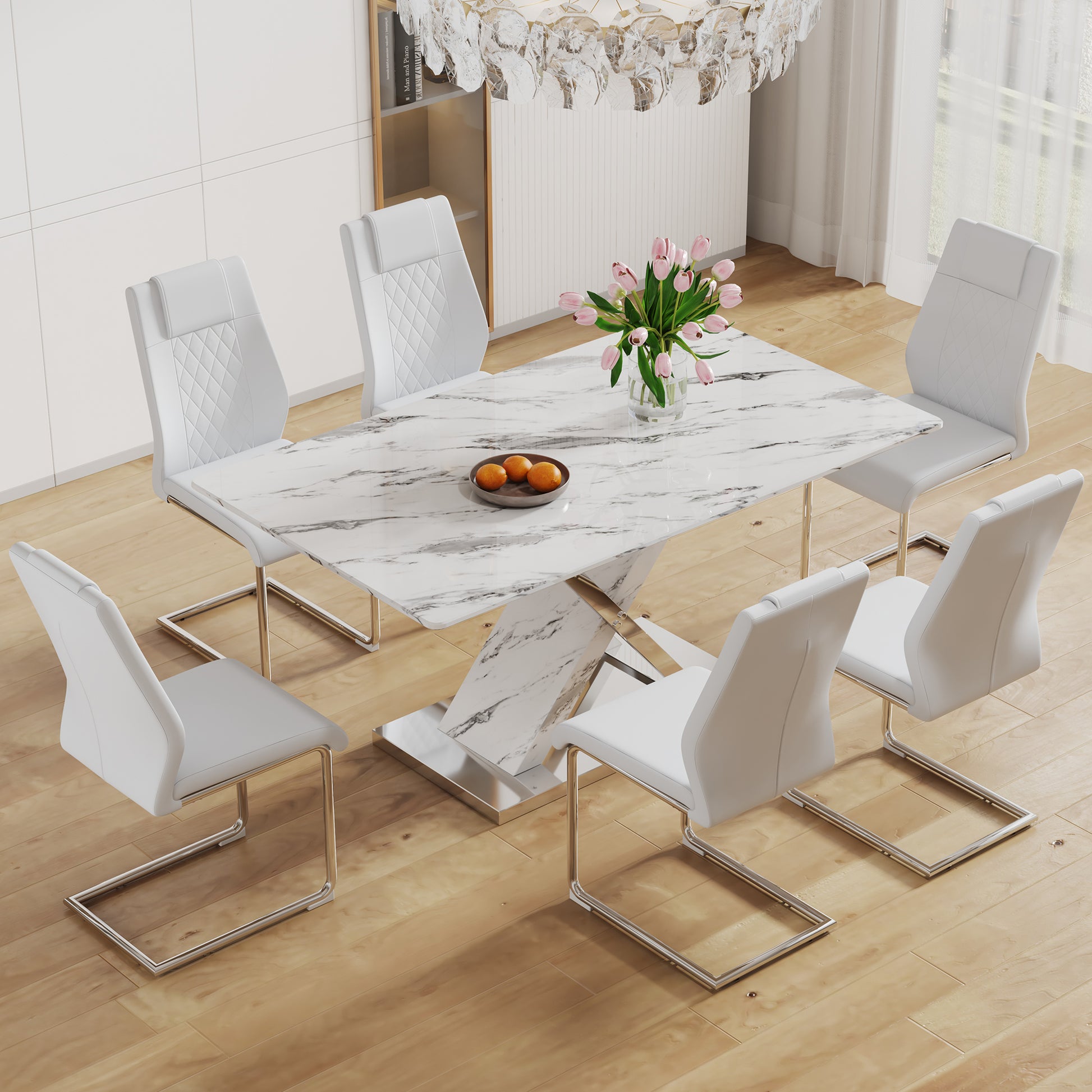 Table And Chair Set, Modern Dining Table, Imitation Marble White Top And Silver Legs, Soft And Comfortable Dining Chair, Perfect For Dinner, Meetings, Home And Office Decor White Silver Glass Metal