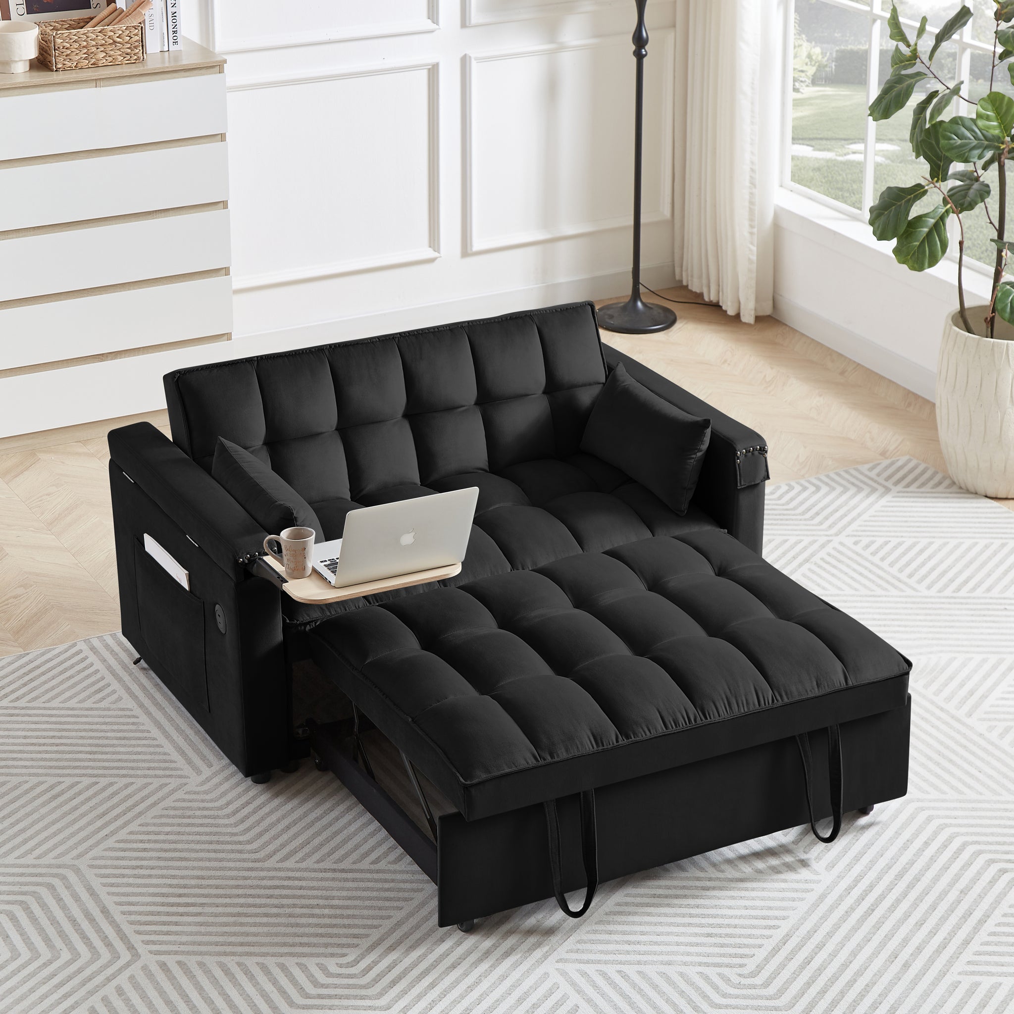 Convertible Sofa Bed, 3 In 1 Multi Functional Velvet Sleeper Couch Pull Out Bed, 48'' Loveseat Chaise Lounge With Adjustable Backrest And Pillows, Hidden Side Table For Living Room, Small Space, Black Black Velvet 2 Seat