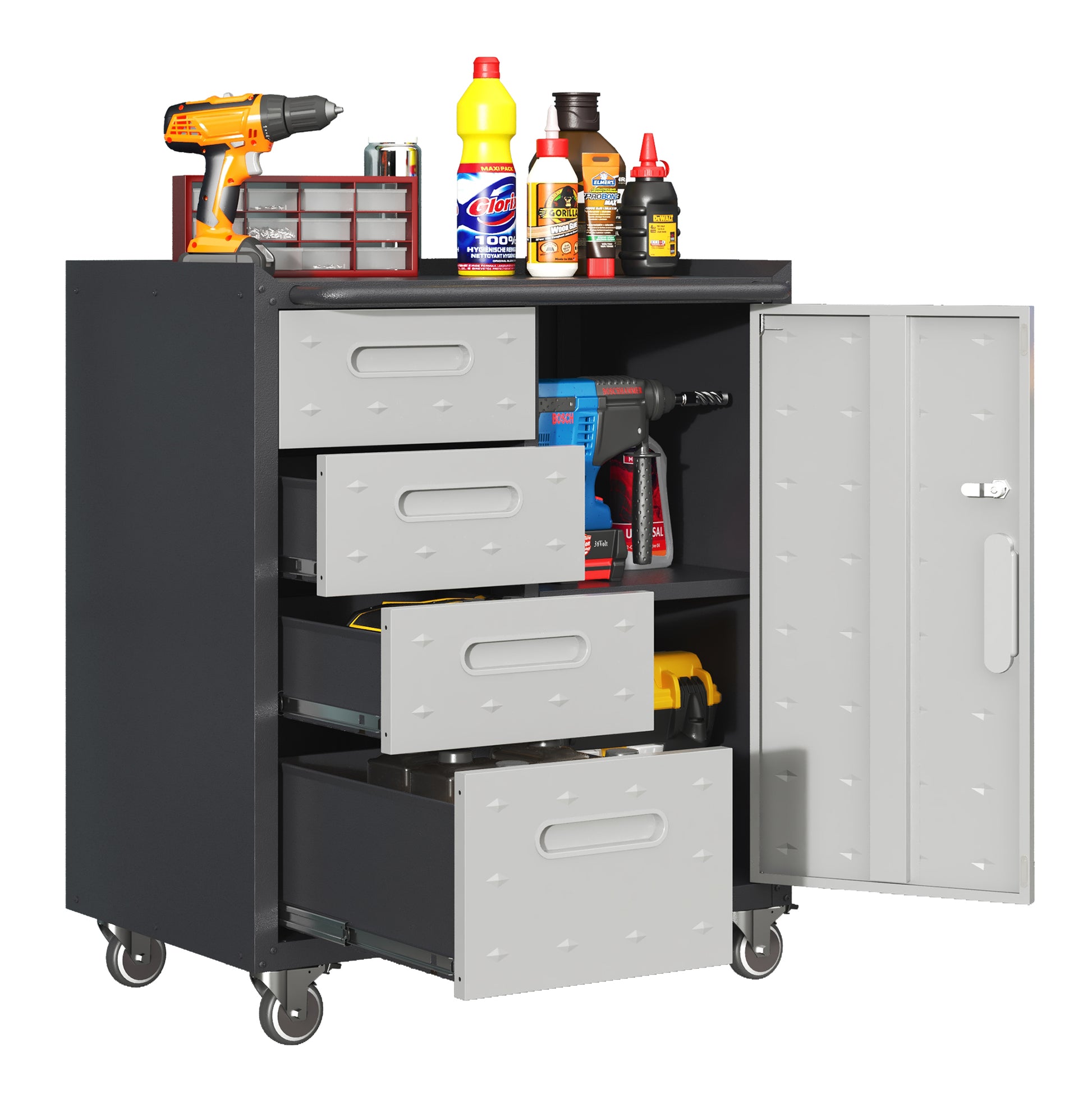 Sturdy Metal Tool Storage Cabinet With Wheels Tool Storage Cabinet For Garage, Office, And Home Organizer Solutions, Black Gray Black Gray Steel