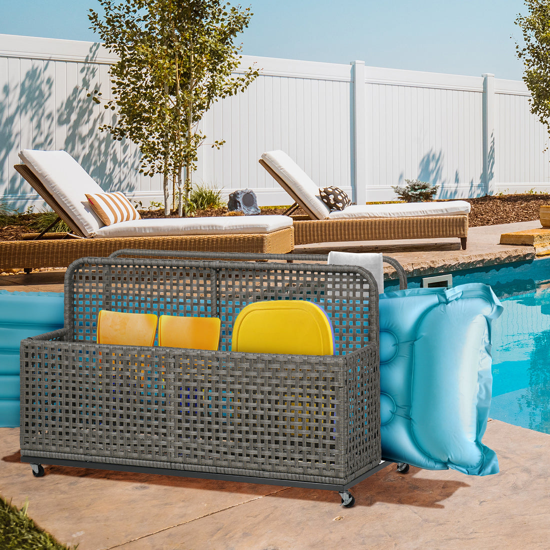 Outsunny Patio Wicker Pool Float Storage With Wheels, Outdoor Rolling Pe Rattan Pool Caddy, Includes Compartment And Basket, For Pool, Garden, Deck, Light Gray Gray Steel