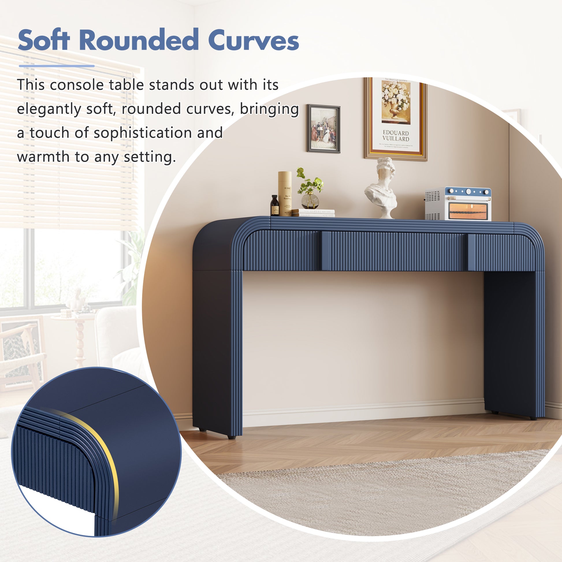 Unique Modern Rounded And Smooth Surface Console Table With 2 Drawers For Living Room And Entryway Navy Blue Navy Blue Primary Living Space Drawers Glossy Mdf