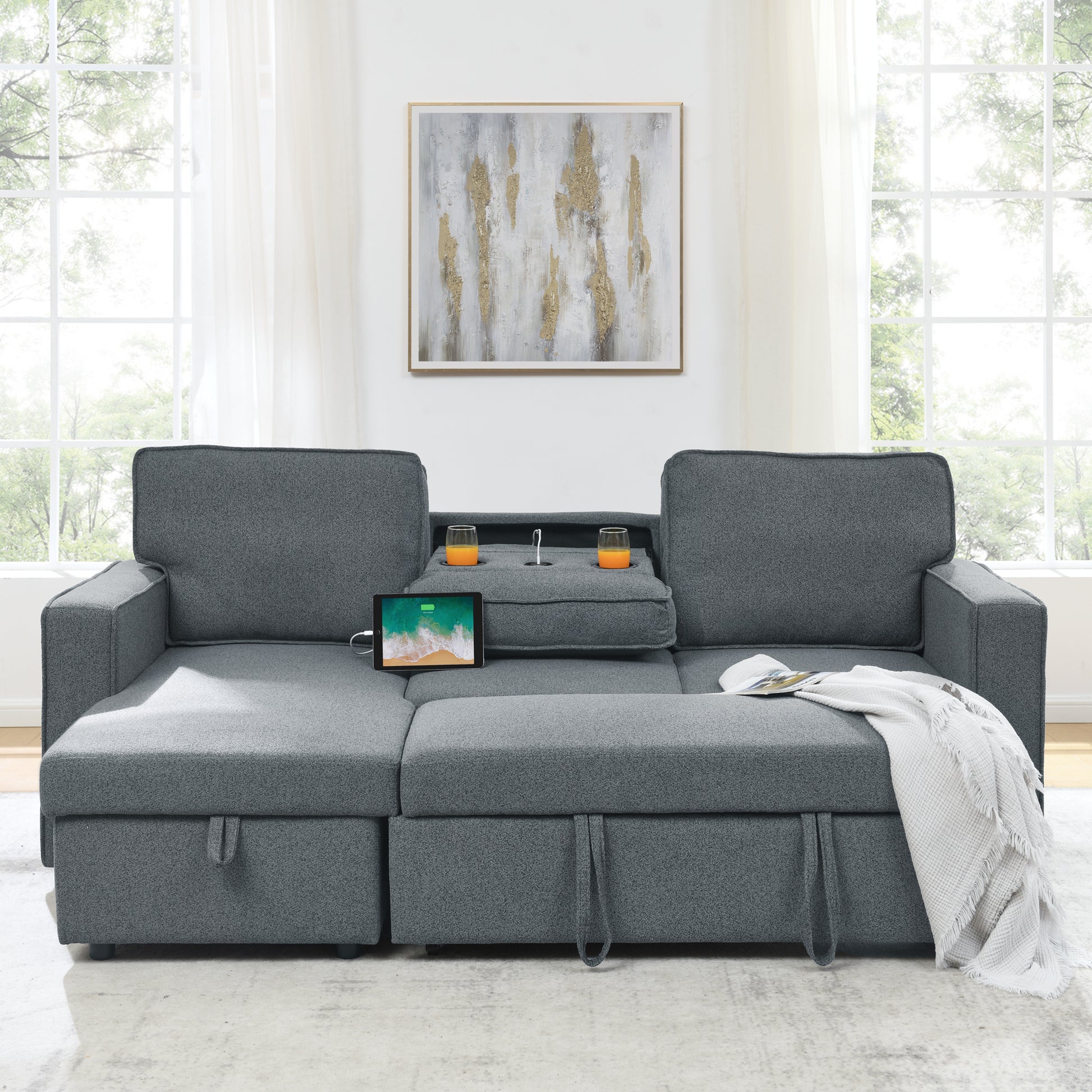 Linen Upholstered Sleeper Sectional Sofa, Shaped Modular Convertible Sofa With Storage Chaise,There Are Two Cup Holders In The Middle And Usb Multi Interface Function,Pull Out Sleep Couch Bed ,Grey