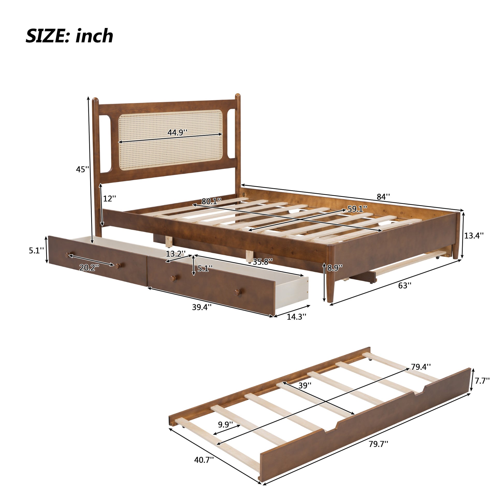 Queen Size Wooden Rattan Platform Bed, With 2 Big Drawers, T Size Trundle, Brown Queen Brown Plywood