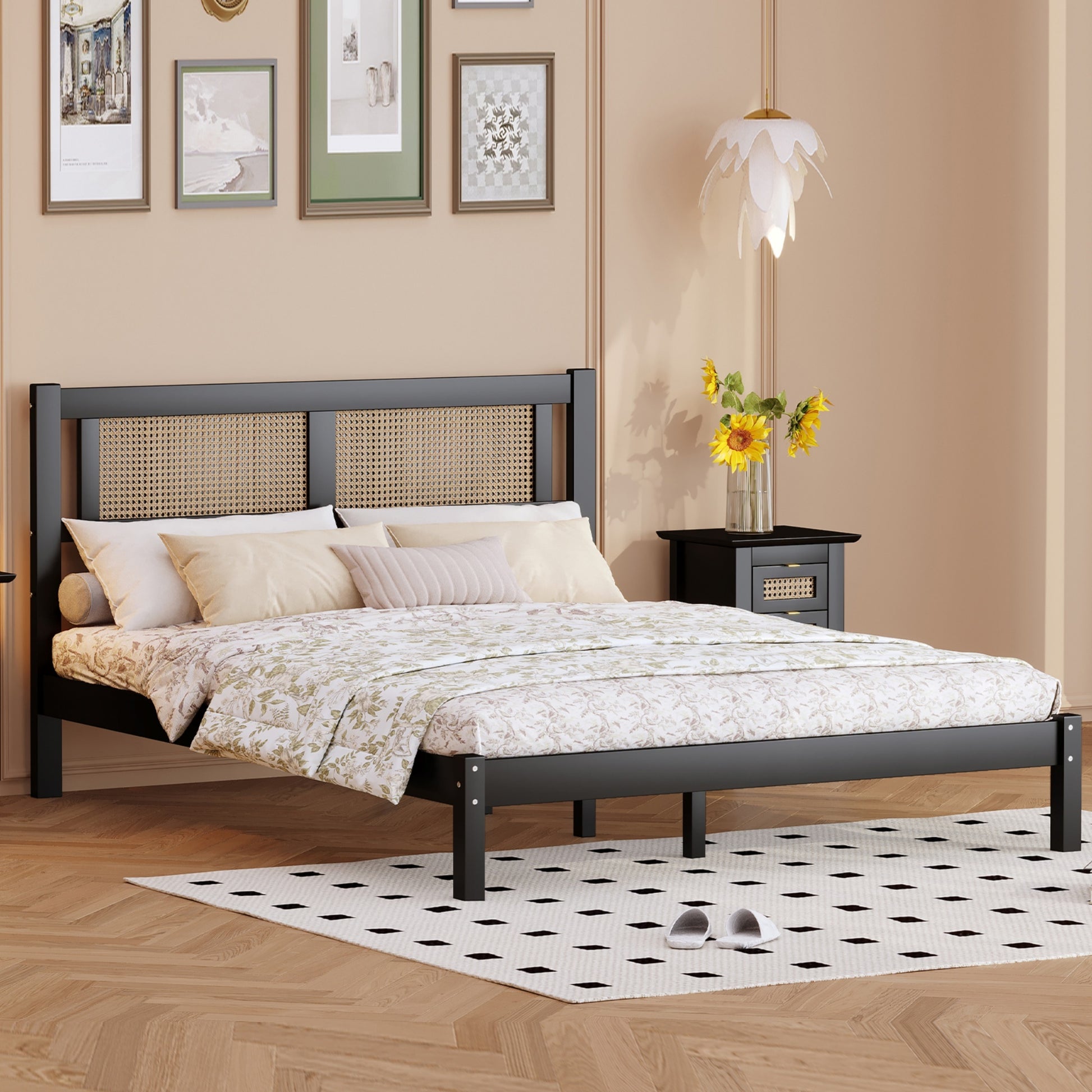 Queen Size Wooden Platform Bed With Natural Rattan Headboard, Exquisite Elegance With Minimalist Charm For Bedroom, Black Black Particle Board