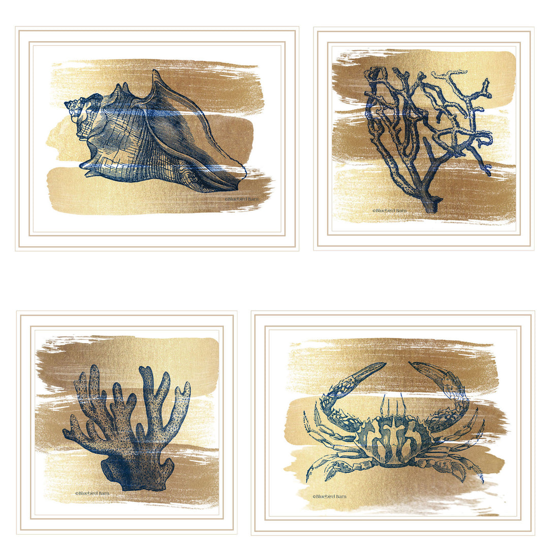 4 Pc Vignette Gold Sea Collection White Framed Wall Art For Living Room, Bedroom Wall Art Print For Home Decor By Bluebird Barn Multi Wood Paper