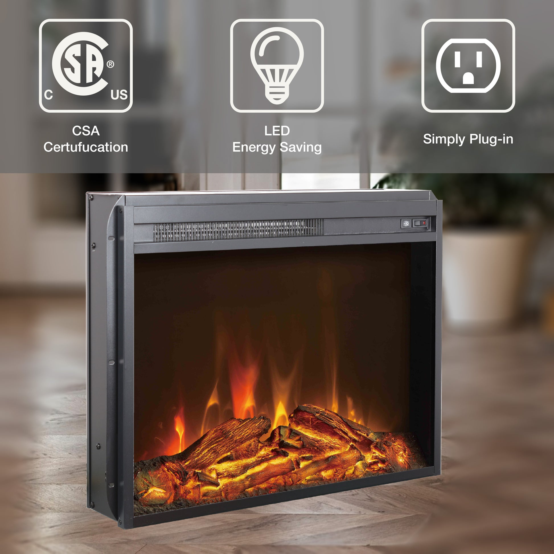 23 Inch Electric Fireplace Insert, Cost Effective Heater With Log Set & Realistic Flame, Overheating Protection Powder Coated Electric Antique Black Primary Living Space Vent Free No Insert Tempered Glass Sheet Metal Plastic Electric