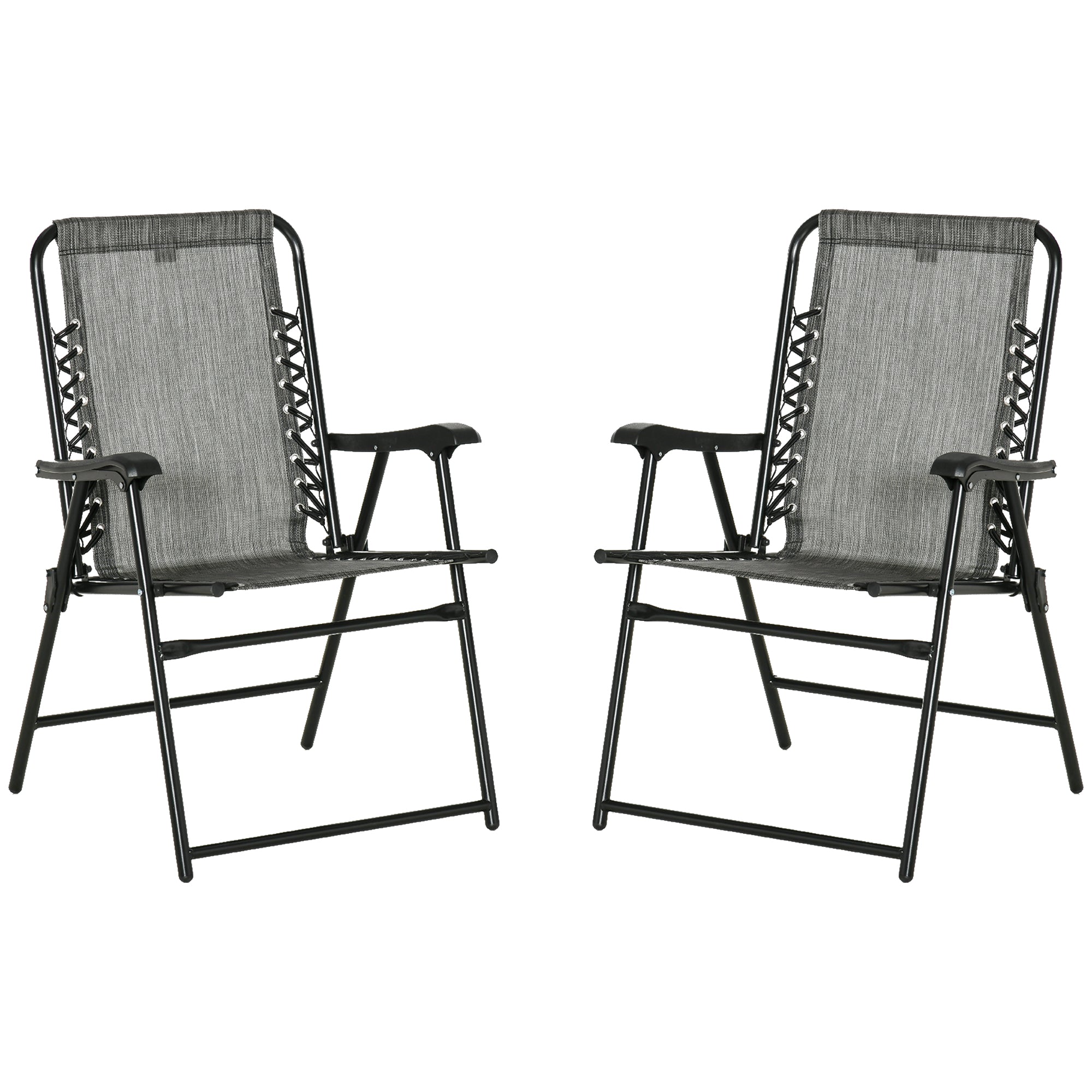 Outsunny Set Of 2 Patio Folding Chairs, Outdoor Bungee Sling Chairs W Armrests, Portable Lawn Chairs For Camping, Garden, Pool, Beach, Backyard, Gray Gray Steel