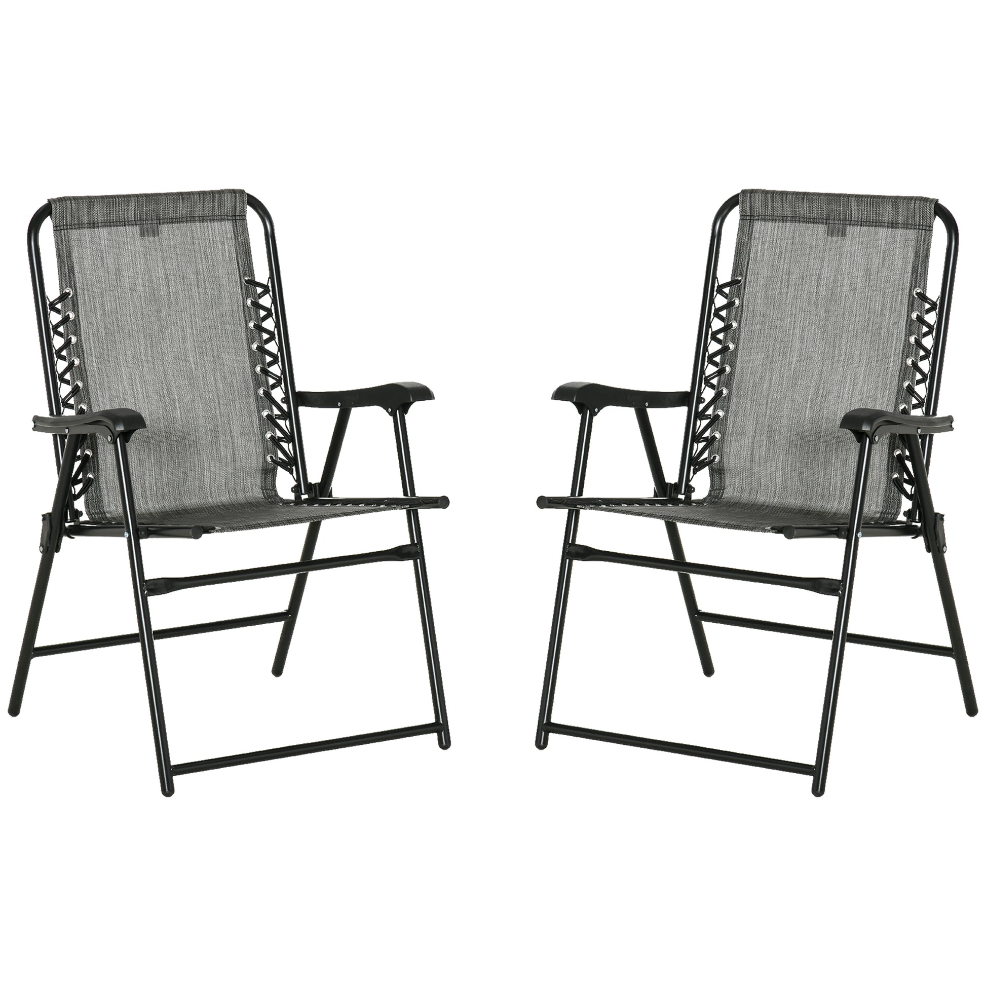 Outsunny Set Of 2 Patio Folding Chairs, Outdoor Bungee Sling Chairs W Armrests, Portable Lawn Chairs For Camping, Garden, Pool, Beach, Backyard, Gray Gray Steel